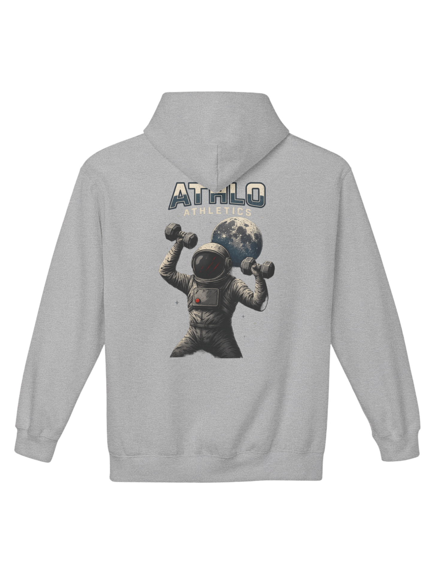 Athlo Athletics Cosmic Strength hoodie back view in gray featuring astronaut lifting dumbbells under a full moon, symbolizing strength beyond limits.