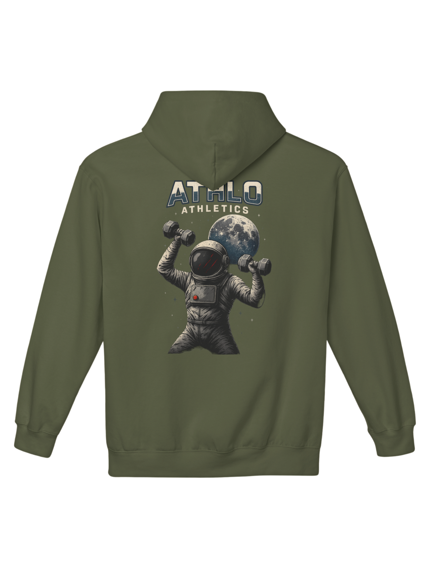 Athlo Athletics Cosmic Strength hoodie back view in military green featuring astronaut lifting dumbbells with moon behind, symbolizing focus and cosmic strength.