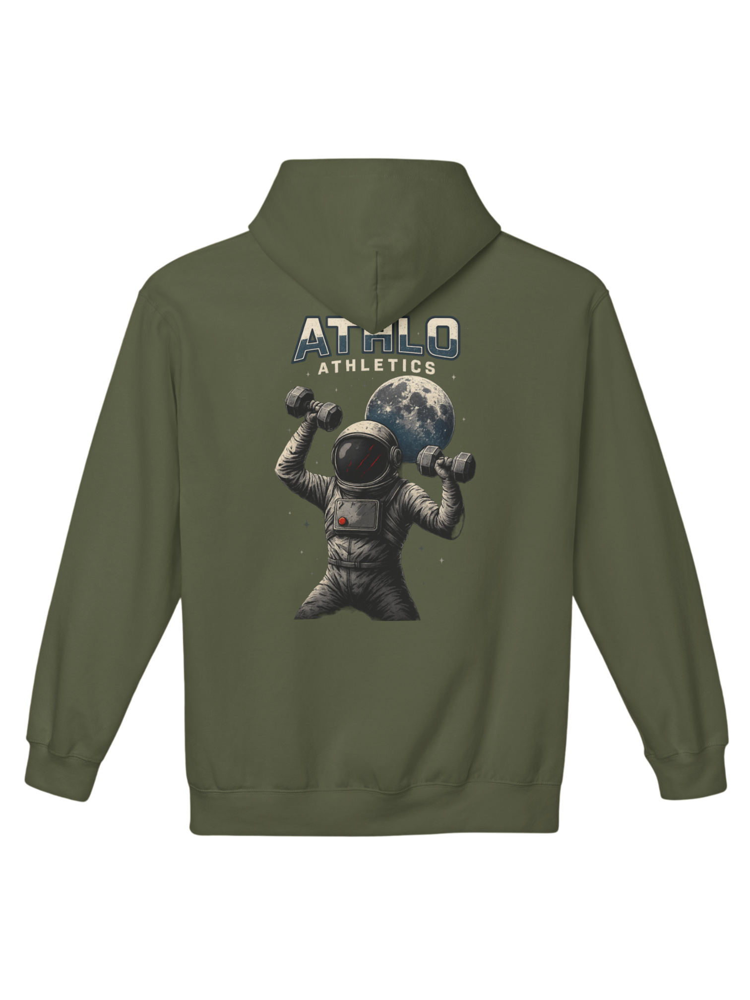 Athlo Athletics Cosmic Strength hoodie back view in military green featuring astronaut lifting dumbbells with moon behind, symbolizing focus and cosmic strength.