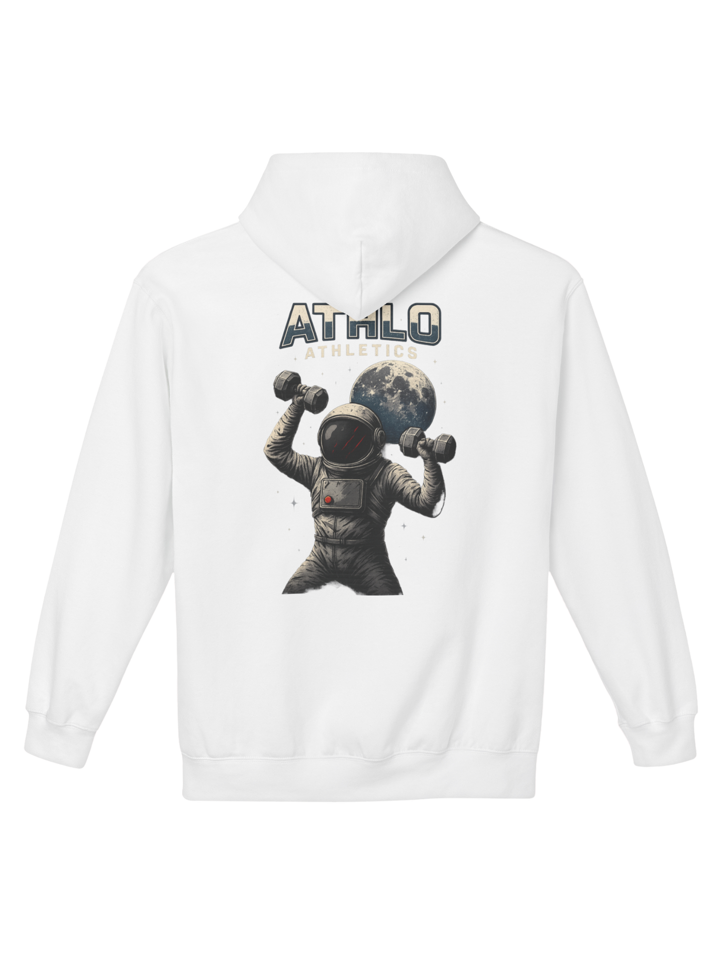 Athlo Athletics Cosmic Strength hoodie back view in white featuring astronaut lifting dumbbells with moon background, symbolizing strength through exploration.