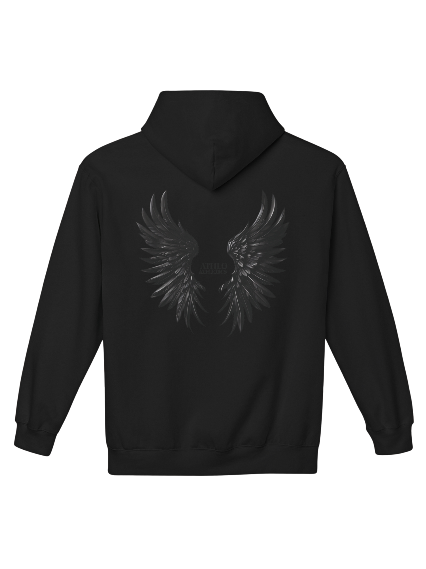 Athlo Athletics Rise Above hoodie back view in black featuring detailed dark wing design and Athlo Athletics logo representing inner strength and resilience.