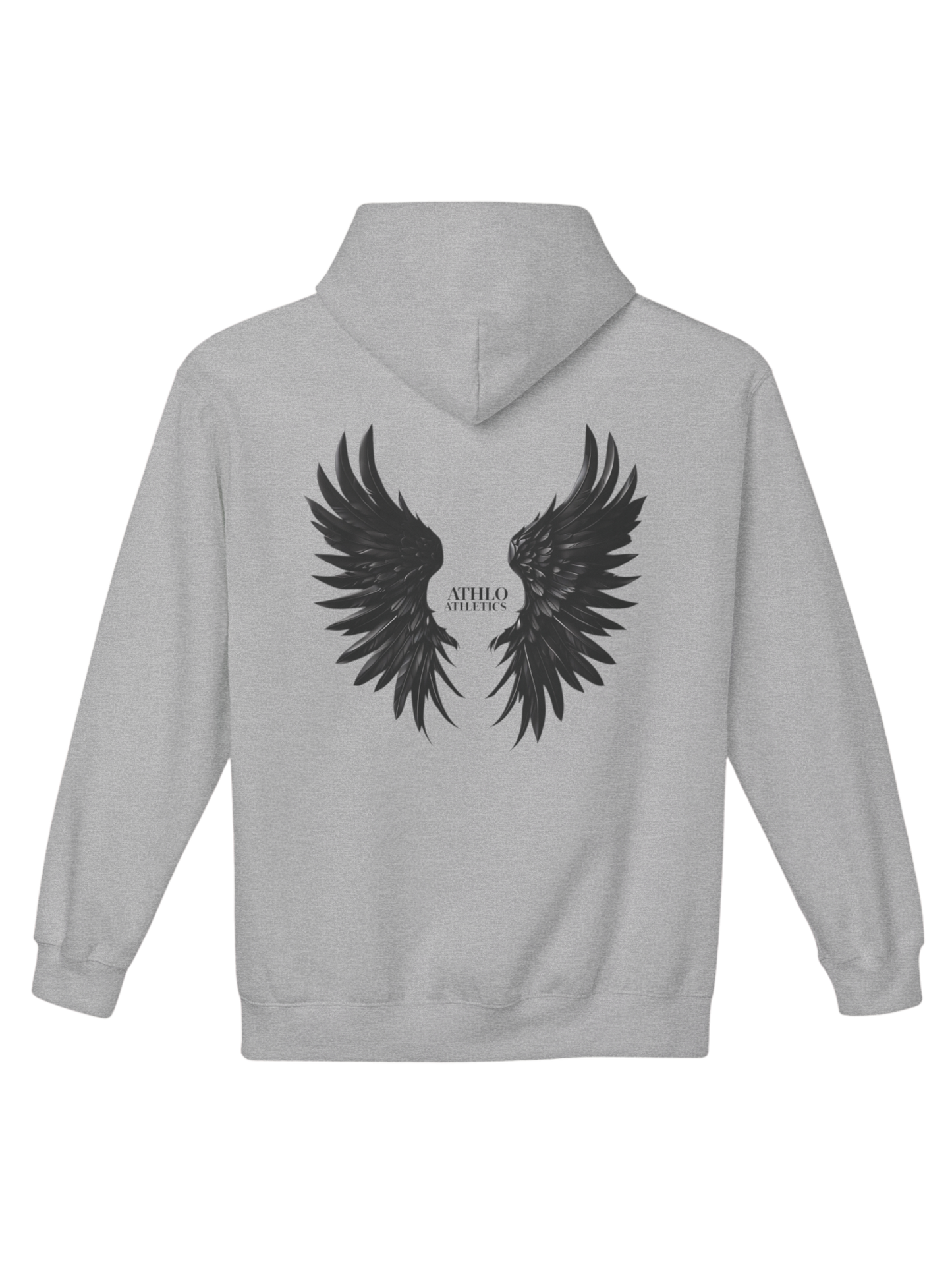 Athlo Athletics Rise Above hoodie back view in gray featuring black angel wings design symbolizing strength, freedom, and resilience.