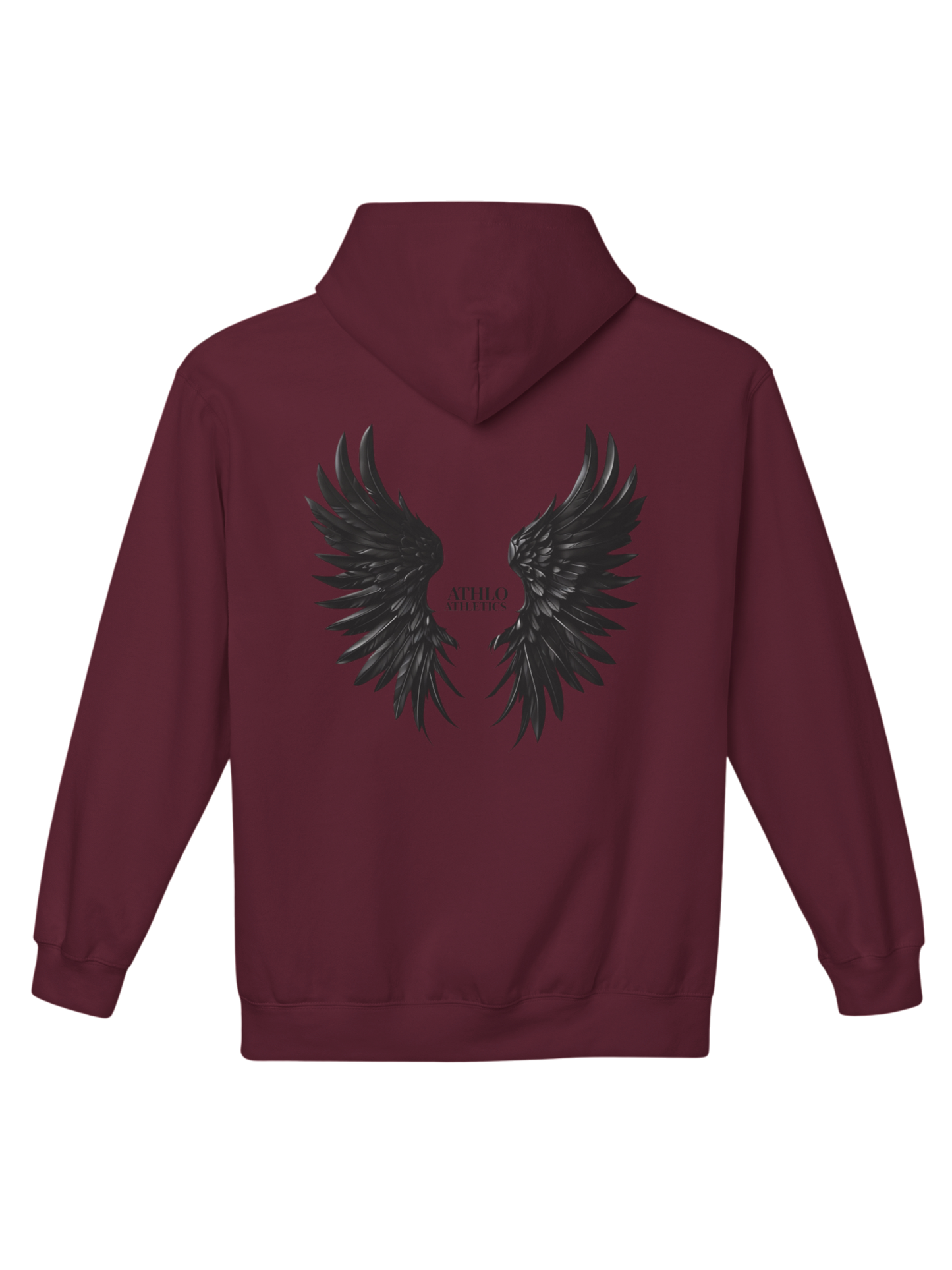 Athlo Athletics Rise Above hoodie back view in maroon with bold black wing design representing power and discipline.