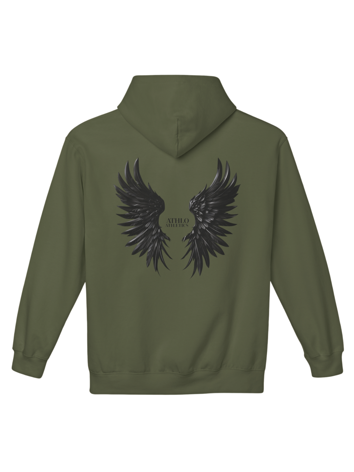 Athlo Athletics Rise Above hoodie back view in military green showing detailed black wings graphic symbolizing strength through struggle.