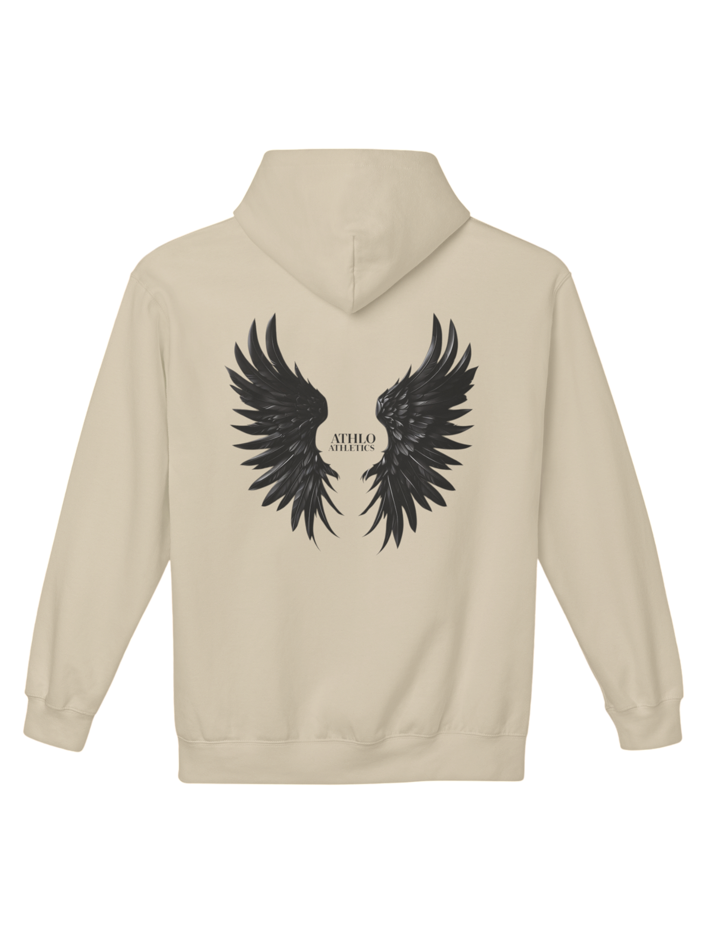 Athlo Athletics Rise Above hoodie back view in sand color featuring large black wings graphic and Athlo Athletics logo beneath.