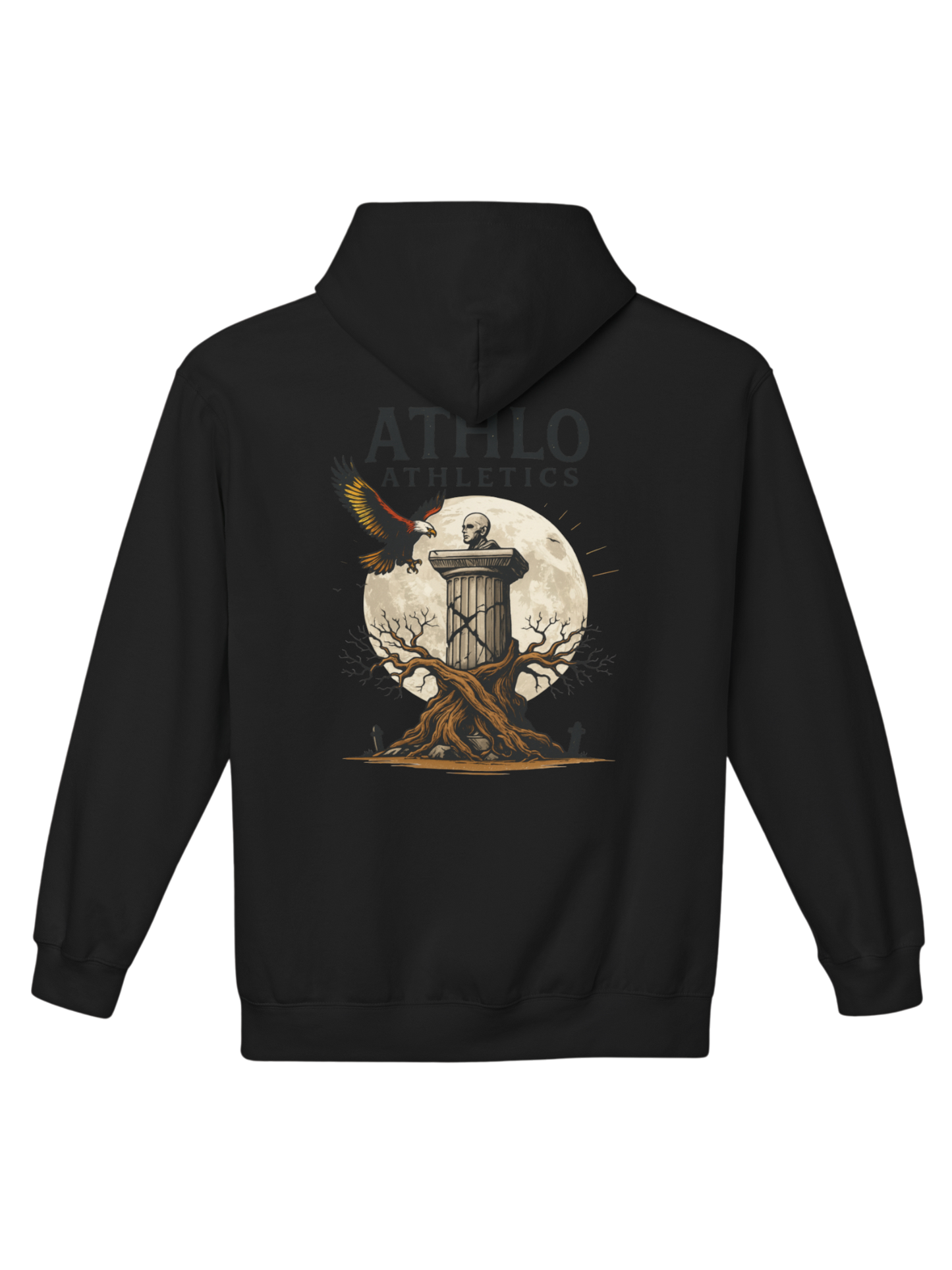 Athlo Athletics Roots of Resilience hoodie back view in black featuring statue, moon, and eagle design symbolizing power grounded in endurance and timeless strength.