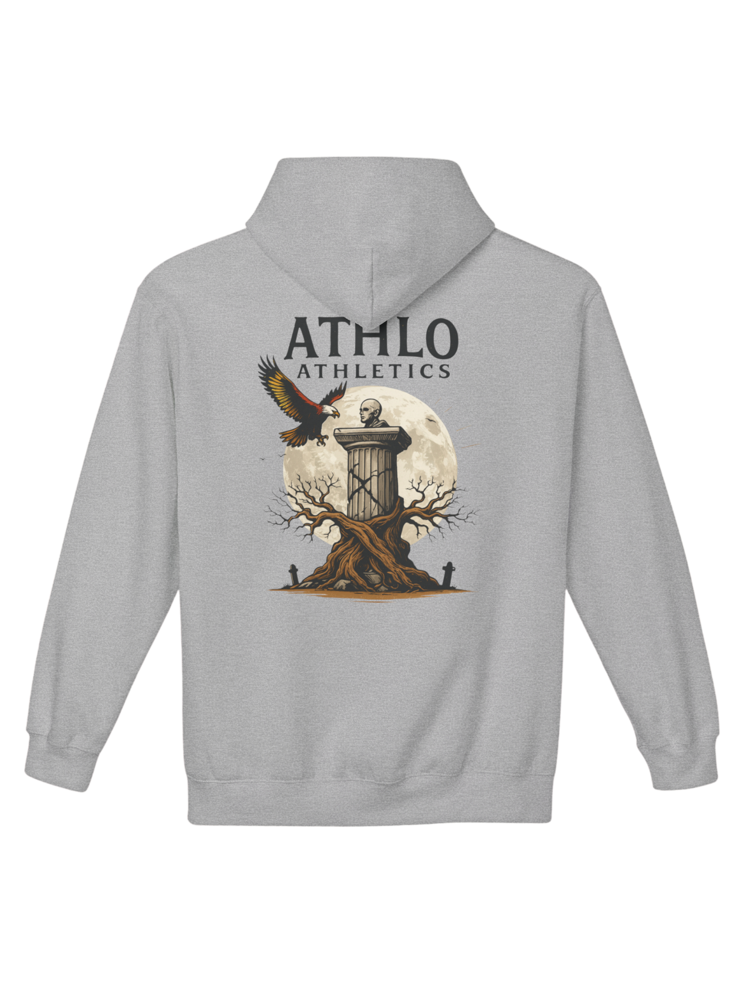 Athlo Athletics Roots of Resilience hoodie back view in gray featuring statue and eagle design over a full moon, symbolizing strength and endurance.