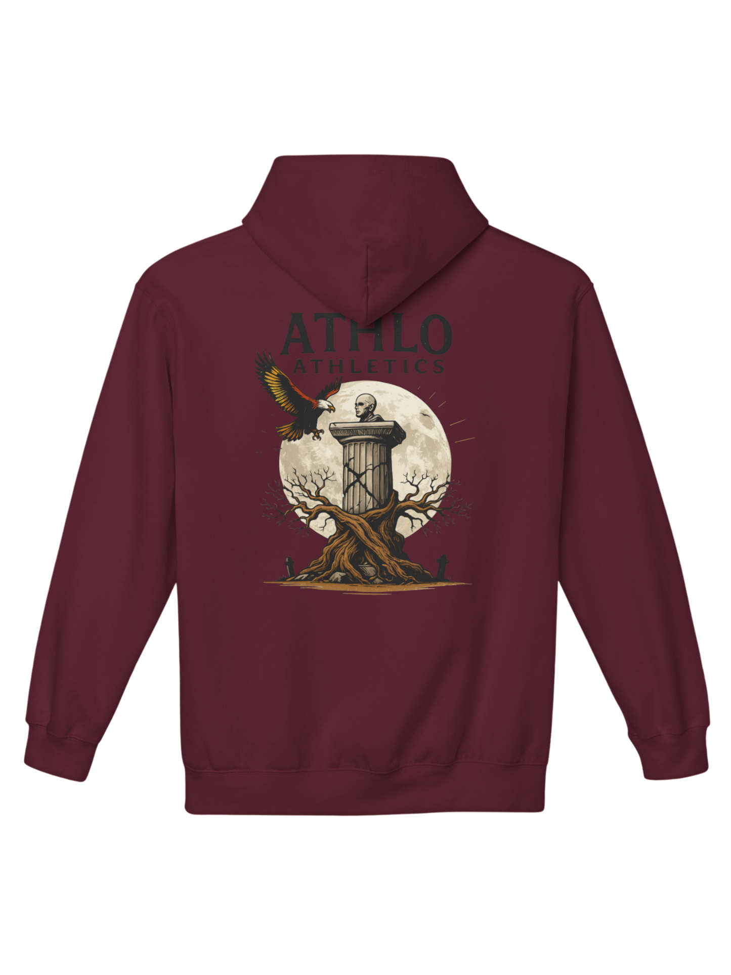 Athlo Athletics Roots of Resilience hoodie back view in maroon showing detailed statue on stone pillar and eagle soaring under moonlight, representing resilience through struggle.