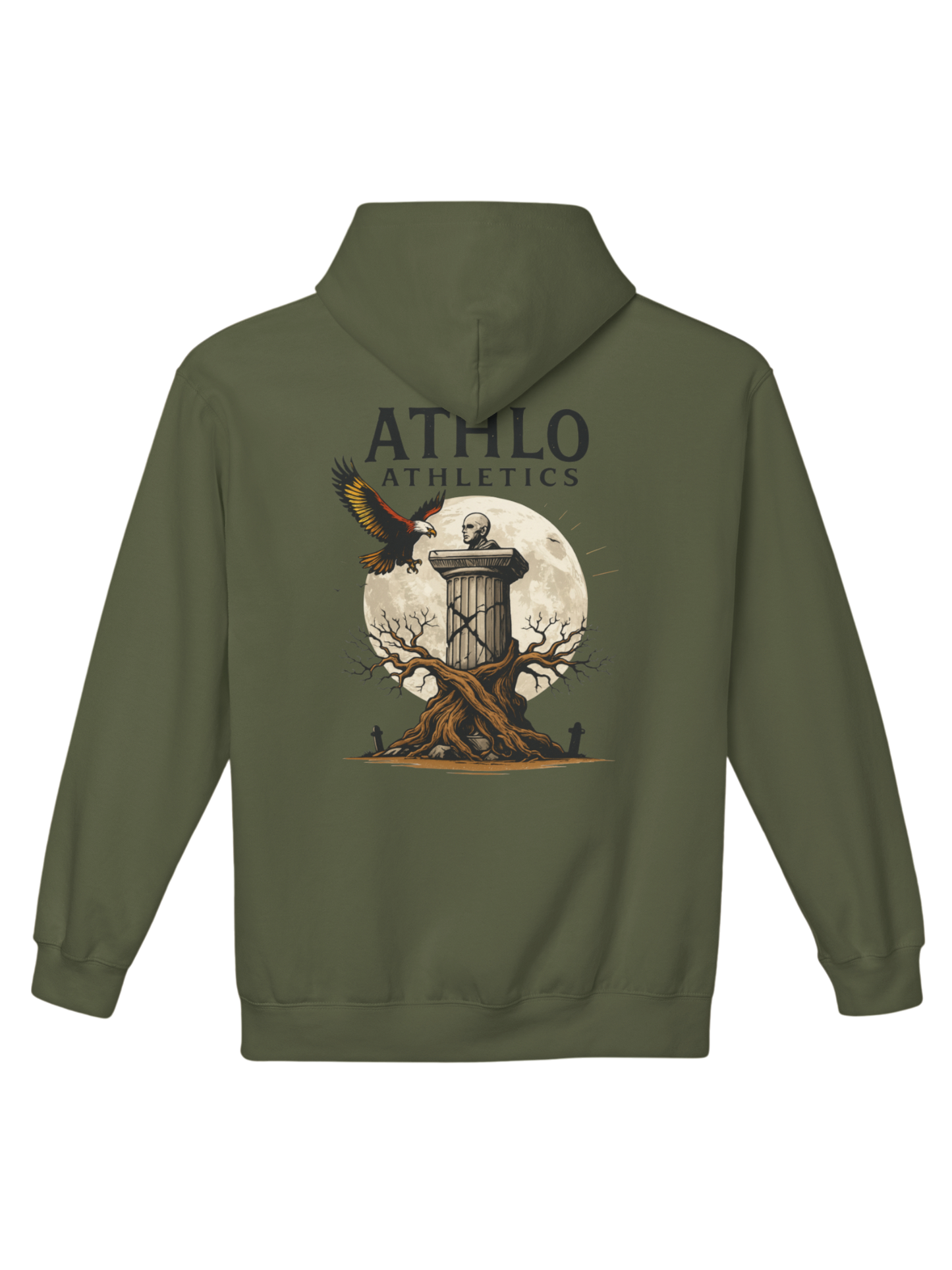 Athlo Athletics Roots of Resilience hoodie back view in military green featuring statue rising from tree roots with full moon and eagle graphic symbolizing rebirth and perseverance.