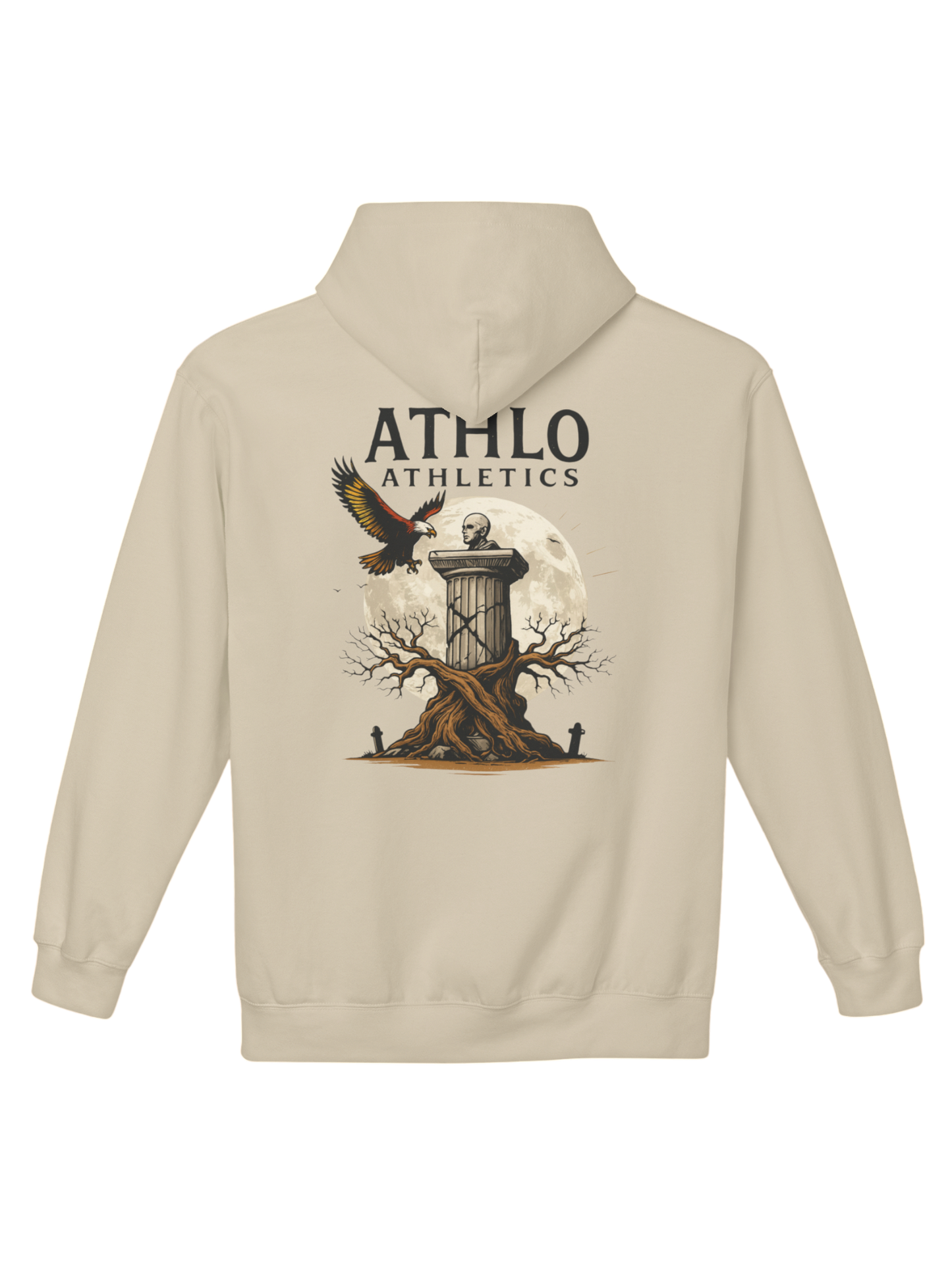 Athlo Athletics Roots of Resilience hoodie back view in sand color with statue, moon, and eagle artwork reflecting strength, heritage, and grounded power.