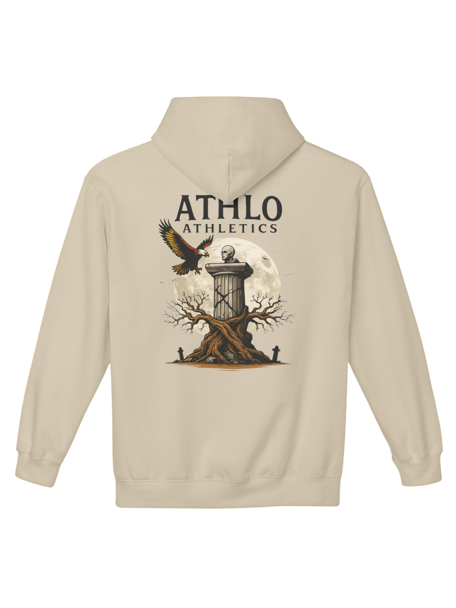 Athlo Athletics Roots of Resilience hoodie back view in sand color with statue, moon, and eagle artwork reflecting strength, heritage, and grounded power.