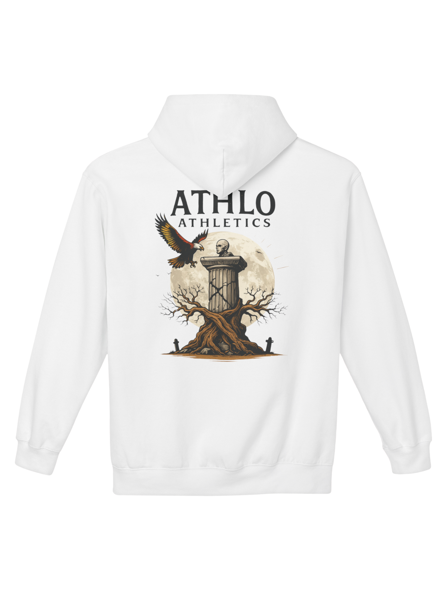 Athlo Athletics Roots of Resilience hoodie back view in white featuring statue and eagle under full moon design with Athlo Athletics branding.