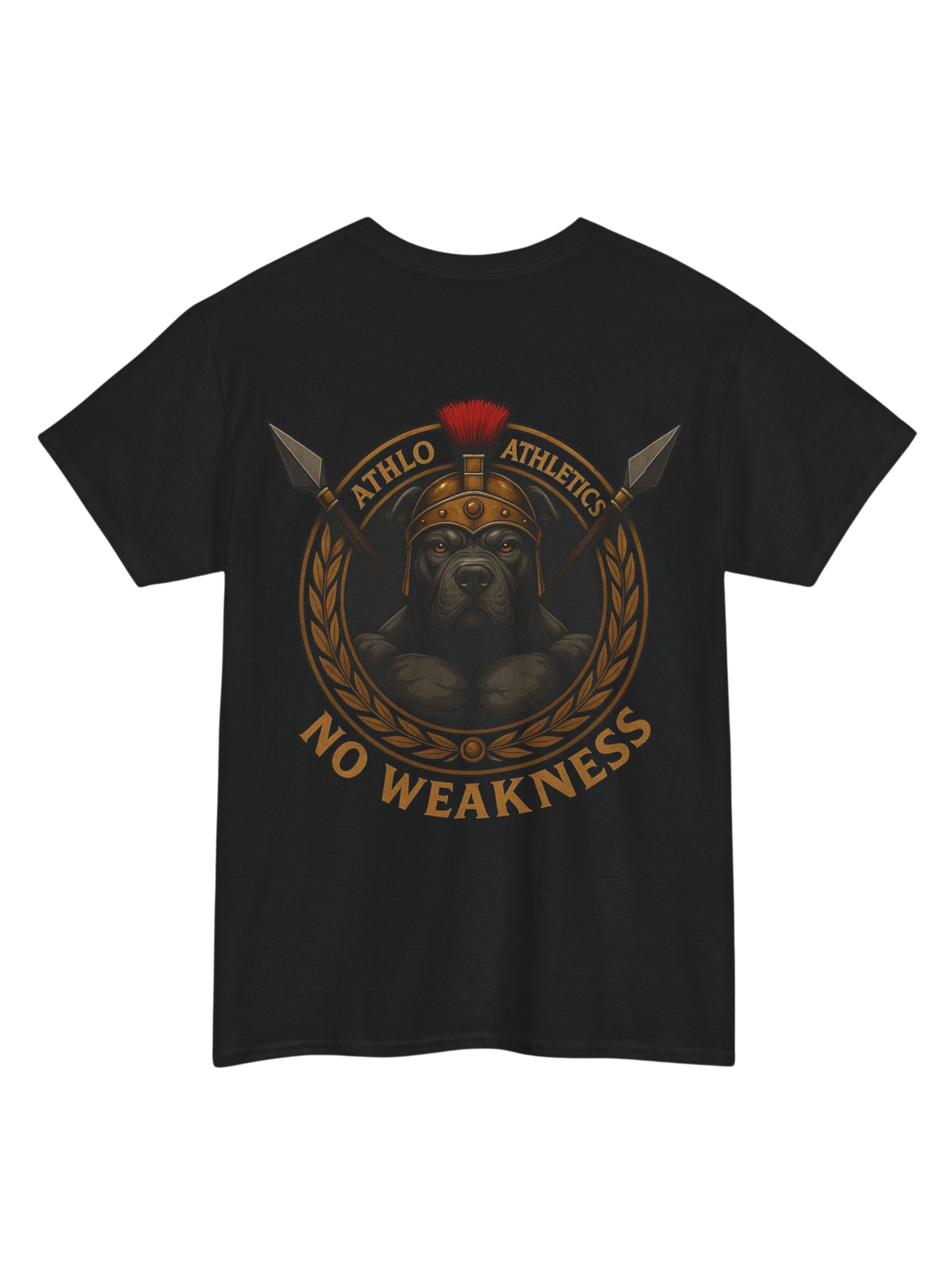 Athlo Athletics WarHound T-Shirt in black back view featuring Spartan pit bull design with “No Weakness” text.
