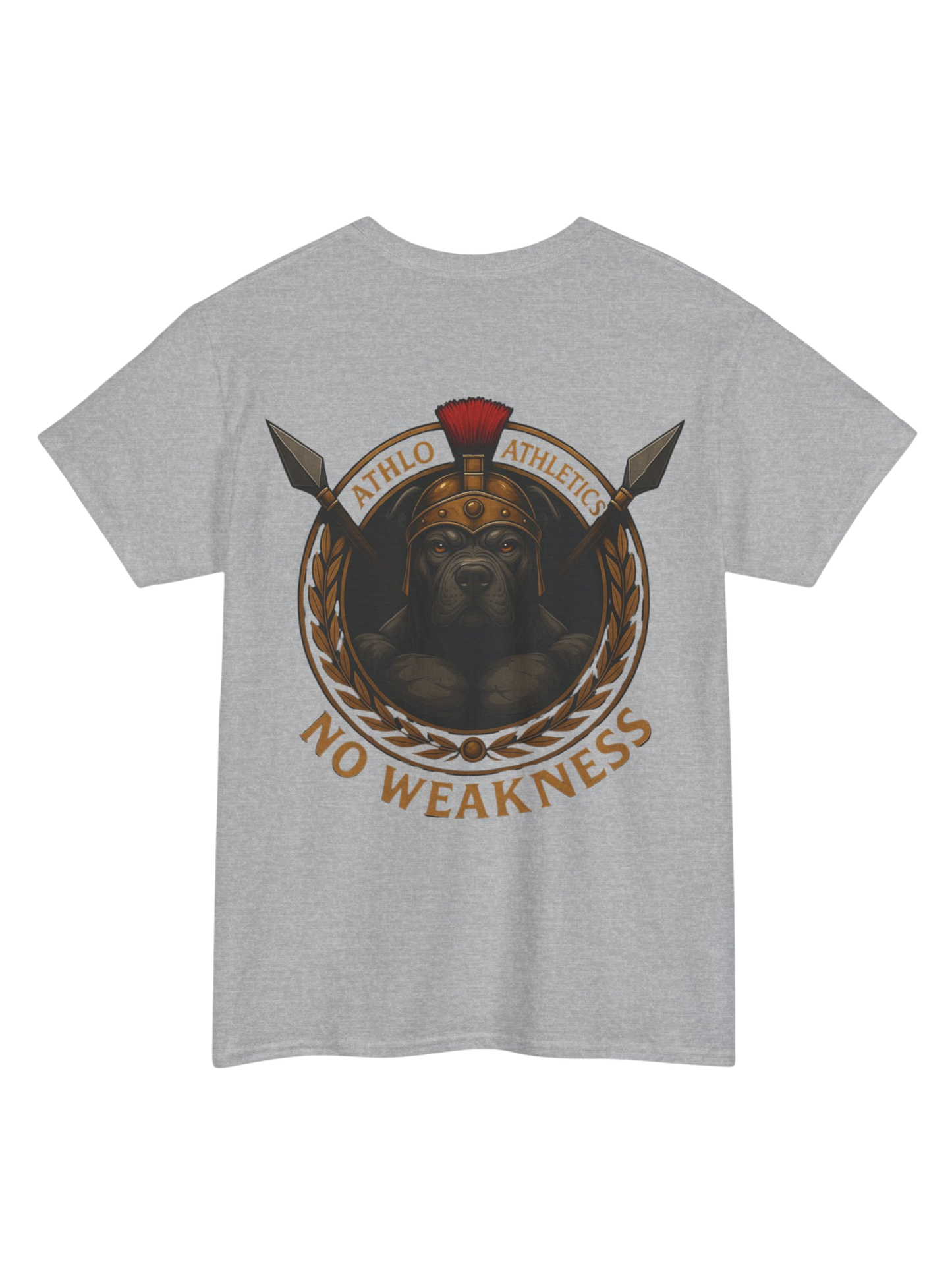 Athlo Athletics WarHound T-Shirt in gray back view featuring Spartan pit bull “No Weakness” design.