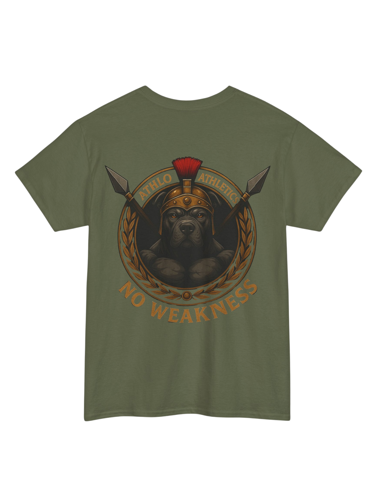 Athlo Athletics WarHound T-Shirt in military green back view showing Spartan pit bull “No Weakness” artwork.