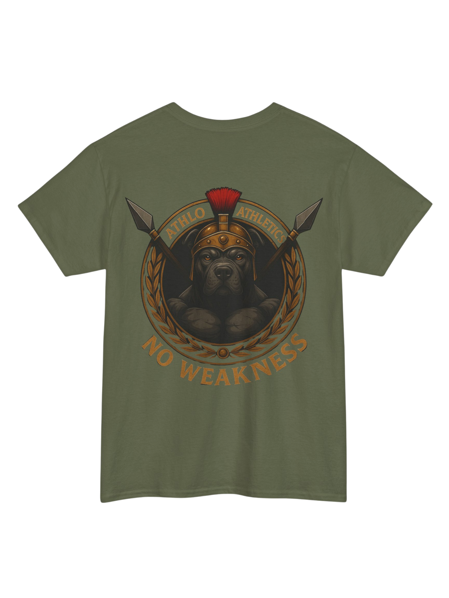 Athlo Athletics WarHound T-Shirt in military green back view showing Spartan pit bull “No Weakness” artwork.
