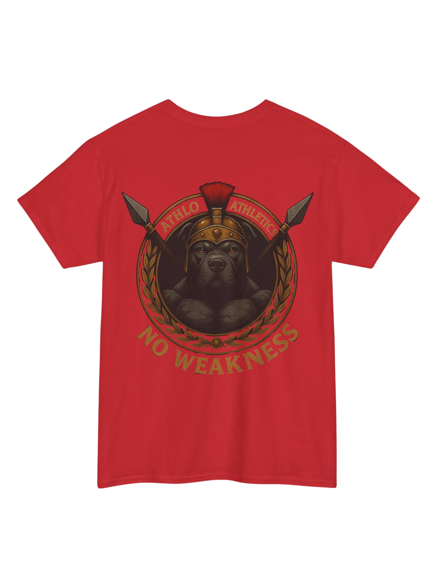 Athlo Athletics WarHound T-Shirt in red back view featuring pit bull Spartan “No Weakness” design.