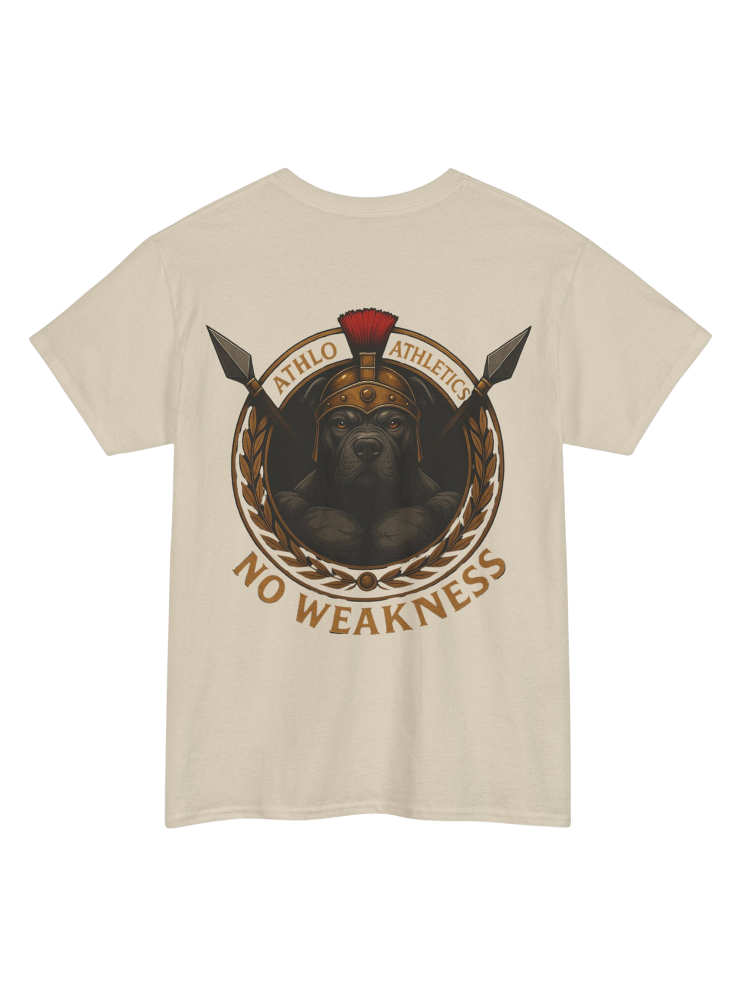 Athlo Athletics WarHound T-Shirt in sand back view featuring Spartan pit bull “No Weakness” artwork.