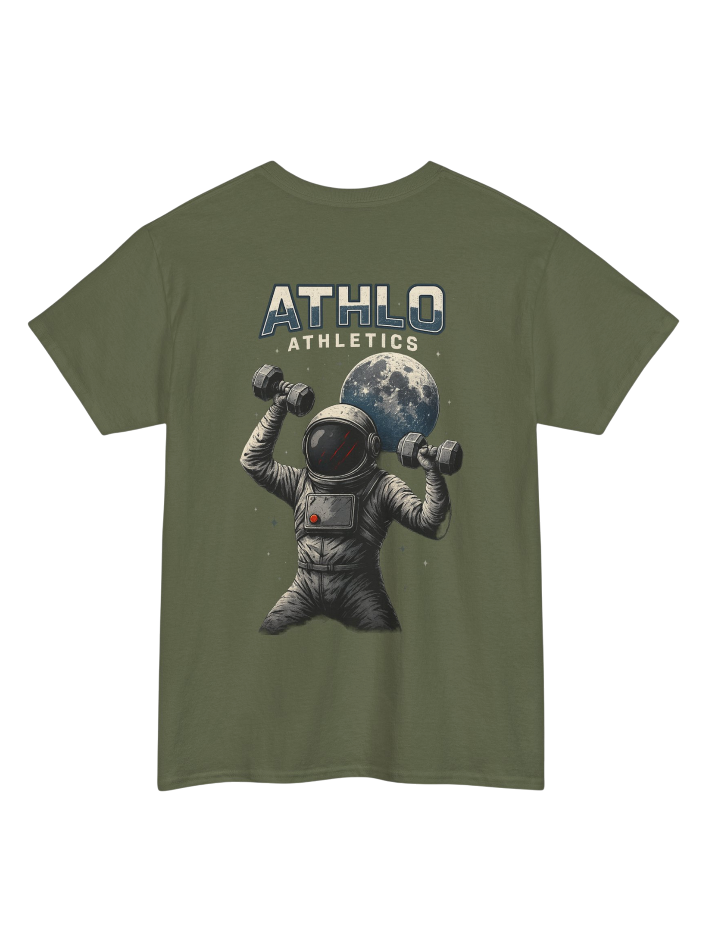 Athlo Athletics Cosmic Strength T-shirt back view in military green with astronaut lifting weights under moon design representing strength beyond limits.