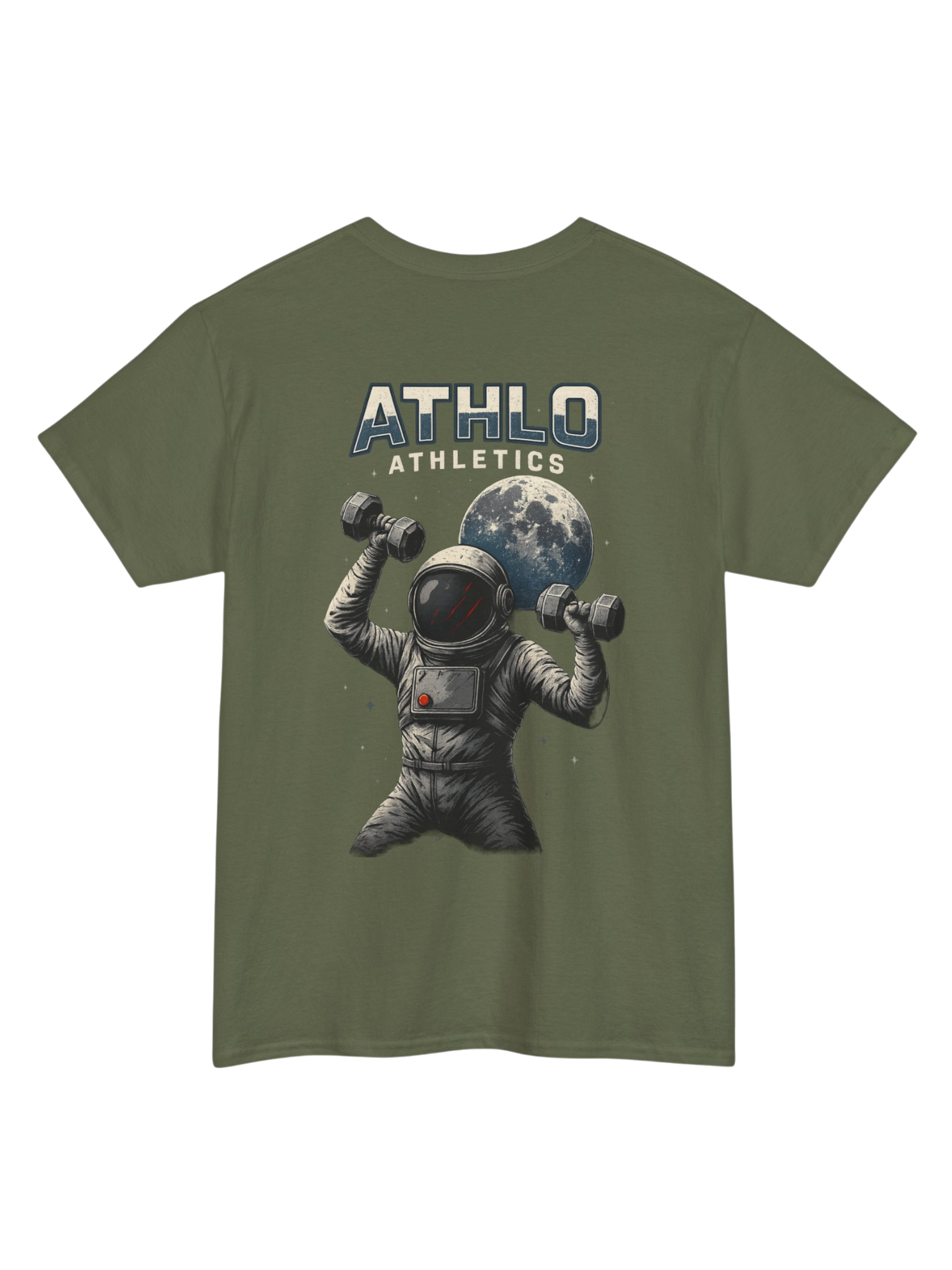 Athlo Athletics Cosmic Strength T-shirt back view in military green with astronaut lifting weights under moon design representing strength beyond limits.