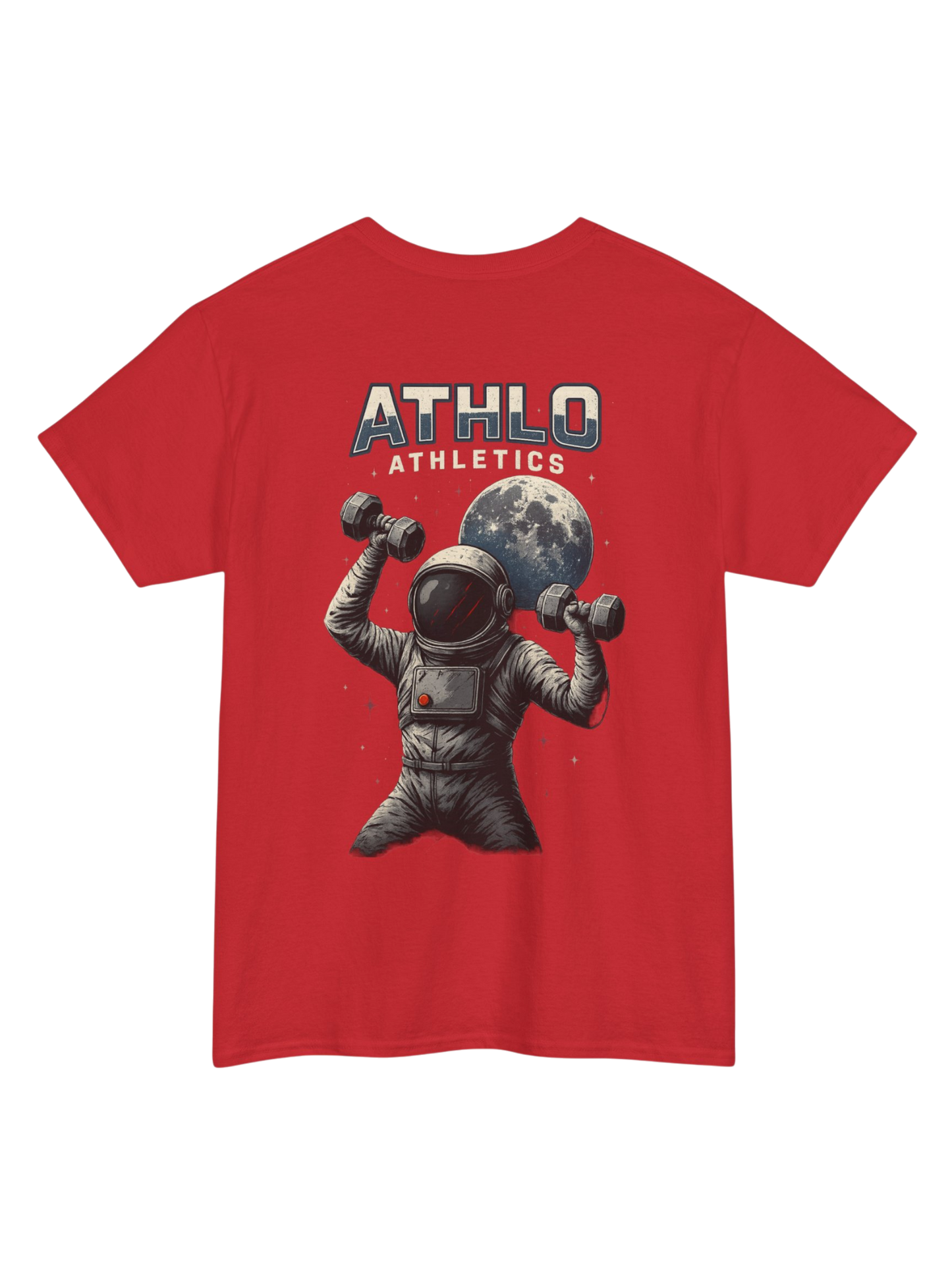 Athlo Athletics Cosmic Strength T-shirt back view in red showing astronaut dumbbell artwork and Athlo Athletics branding.