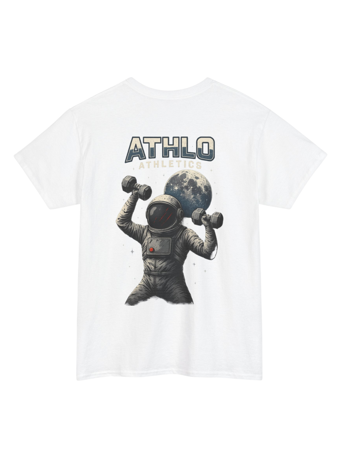 Athlo Athletics Cosmic Strength T-shirt back view in white featuring detailed astronaut workout illustration with moon background.