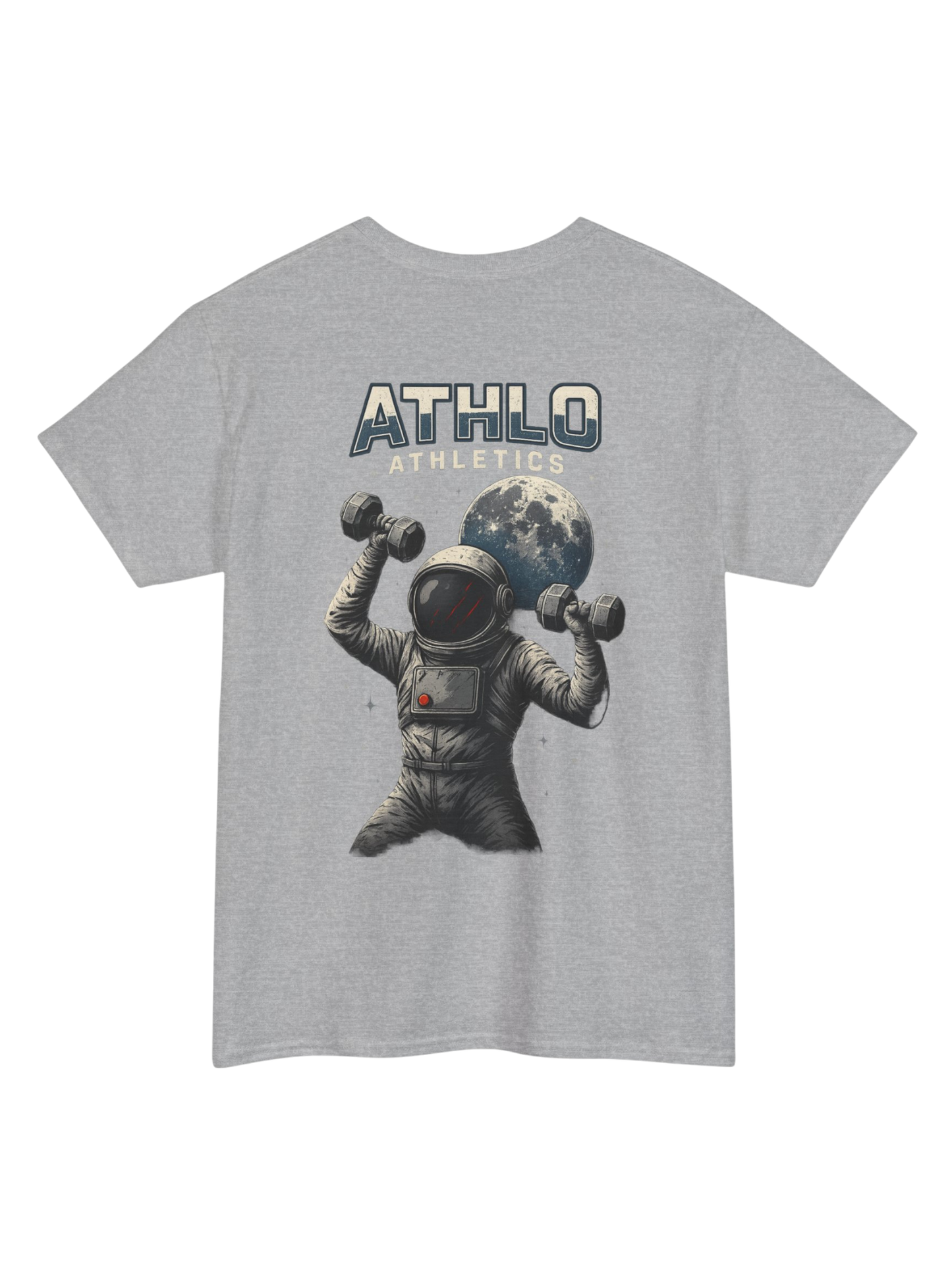 Athlo Athletics Cosmic Strength T-shirt back view in gray featuring astronaut lifting dumbbells with moon background design.