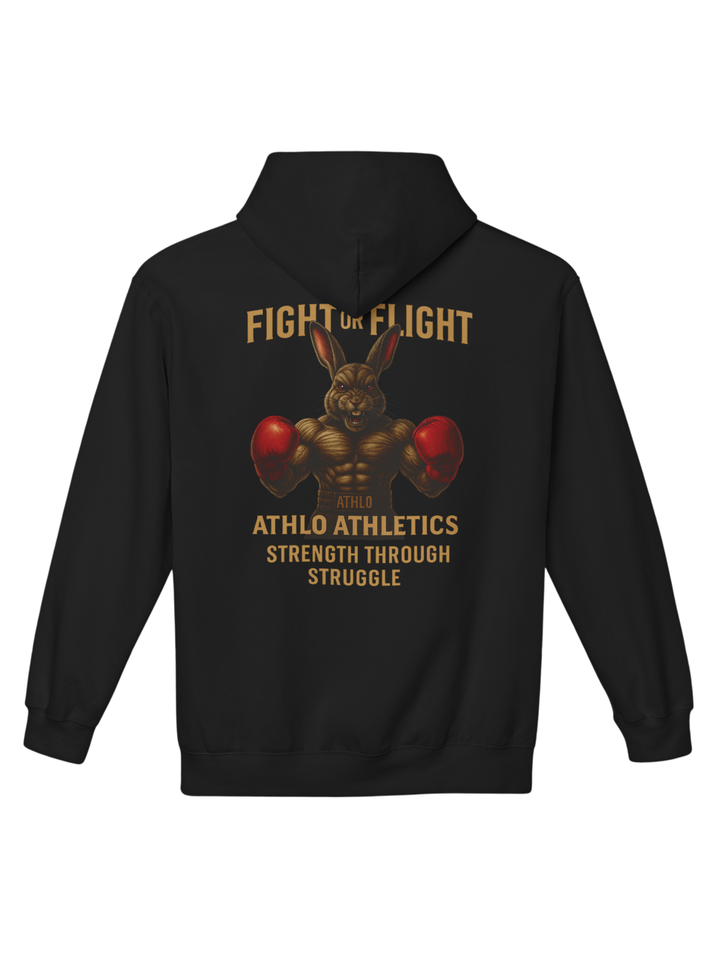 Athlo Athletics Fight or Flight hoodie back view in black featuring muscular boxing rabbit design with red gloves and Athlo Athletics Strength Through Struggle text.