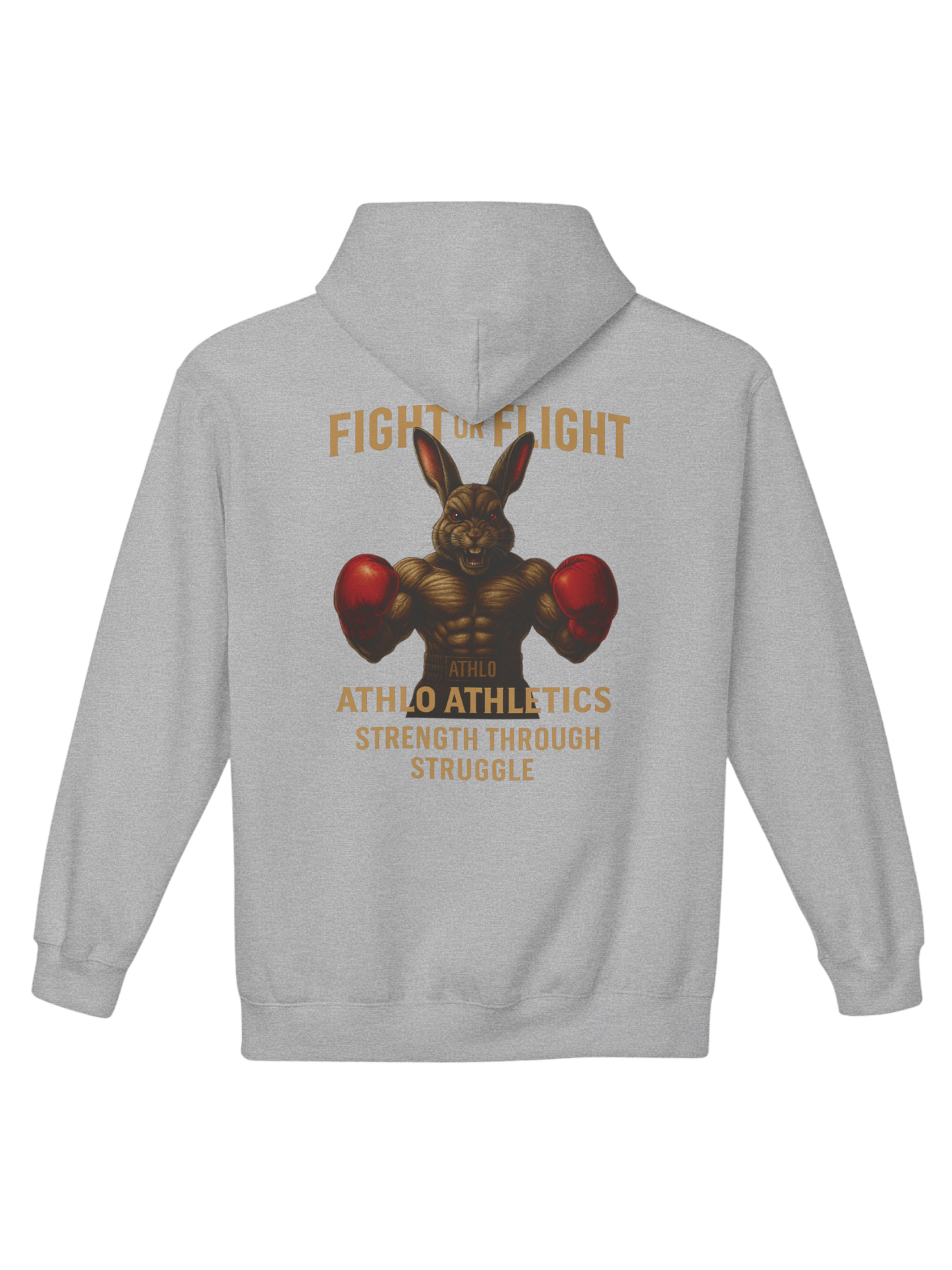 Athlo Athletics Fight or Flight hoodie back view in gray featuring muscular boxing rabbit design with red gloves and Strength Through Struggle slogan.