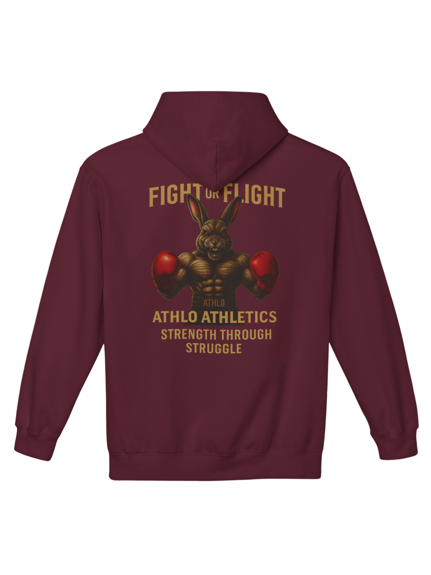 Athlo Athletics Fight or Flight hoodie back view in maroon with fierce boxing rabbit graphic symbolizing resilience and strength through struggle.