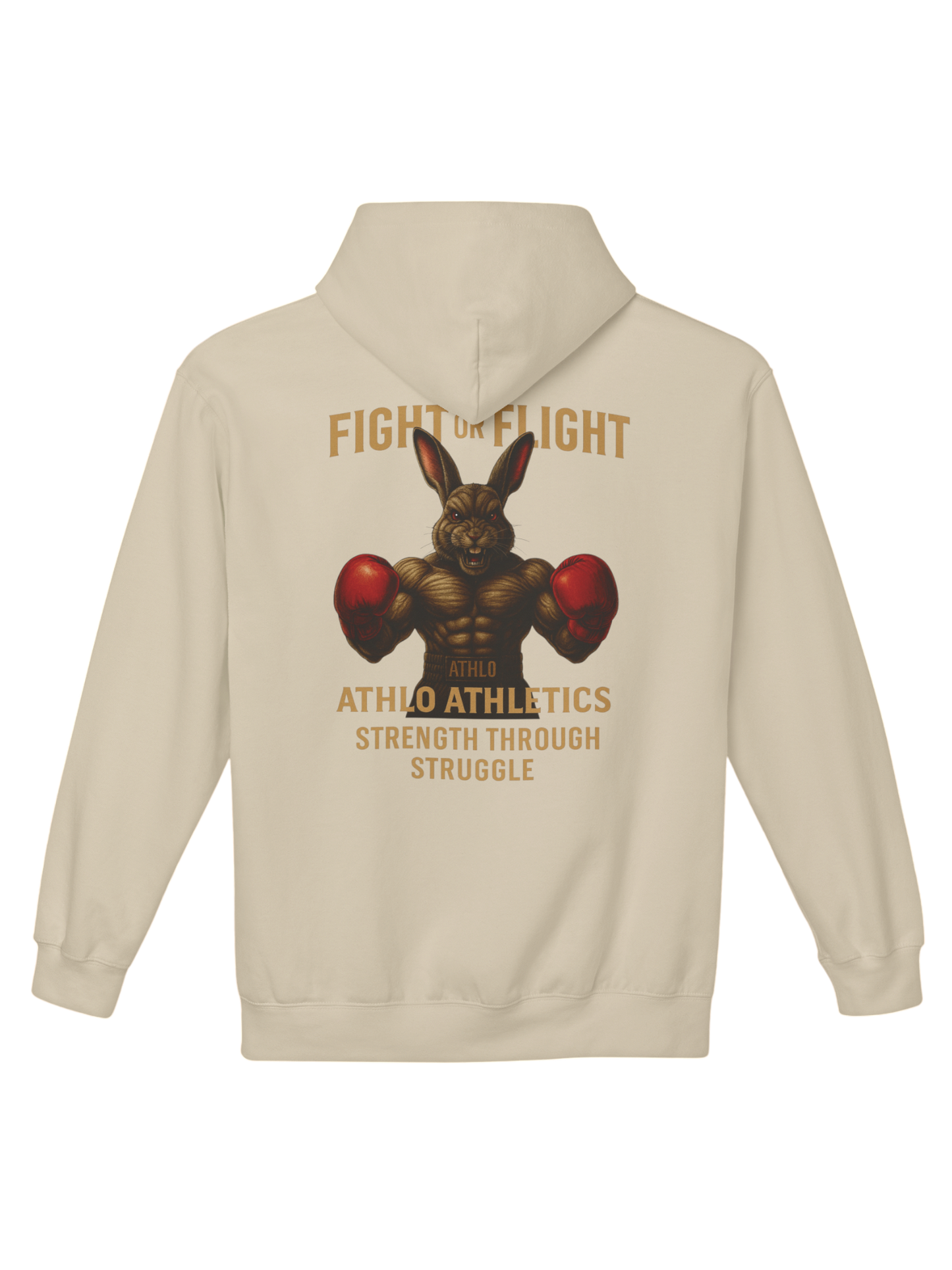 Athlo Athletics Fight or Flight hoodie back view in sand color with bold boxing rabbit design representing mental toughness and fighting spirit.