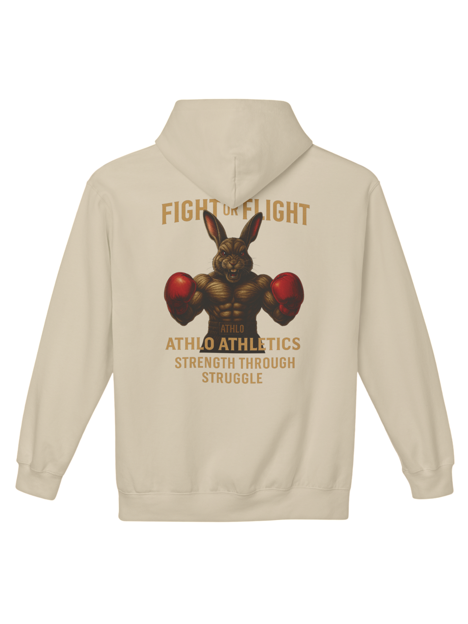 Athlo Athletics Fight or Flight hoodie back view in sand color with bold boxing rabbit design representing mental toughness and fighting spirit.