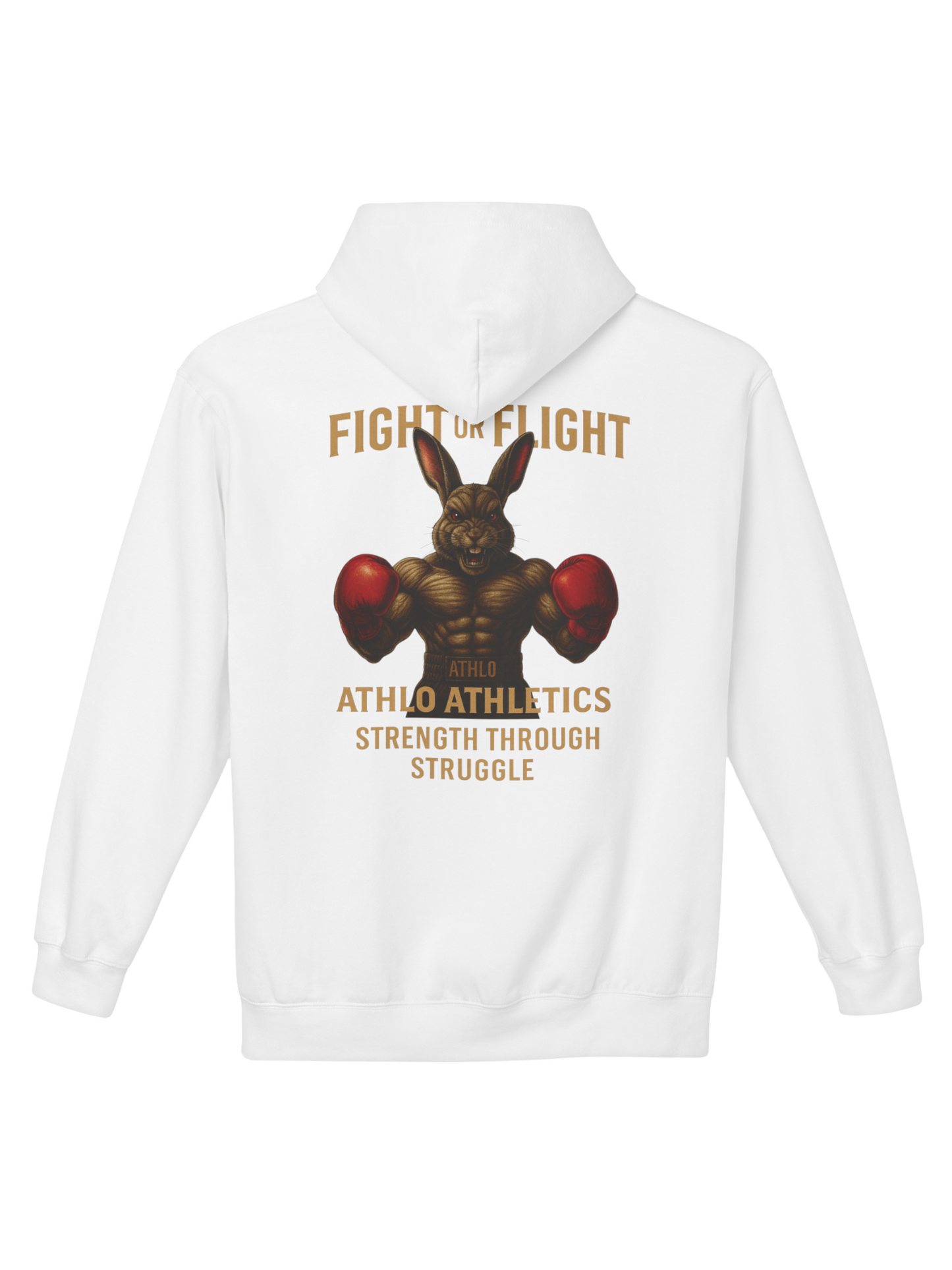 Athlo Athletics Fight or Flight hoodie back view in white showcasing detailed rabbit fighter graphic and Strength Through Struggle message.
