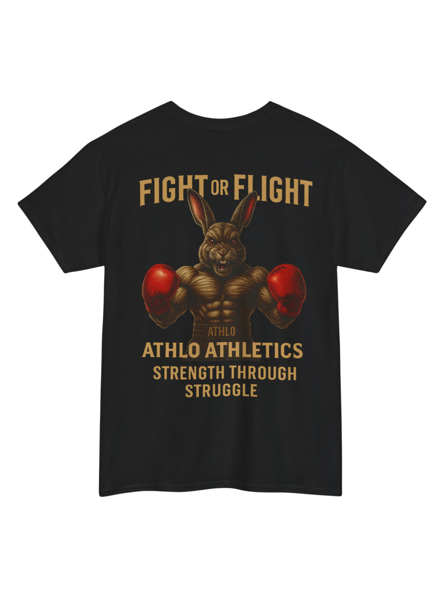 Athlo Athletics Fight or Flight T-shirt back view in black featuring powerful boxing rabbit graphic with Strength Through Struggle slogan.