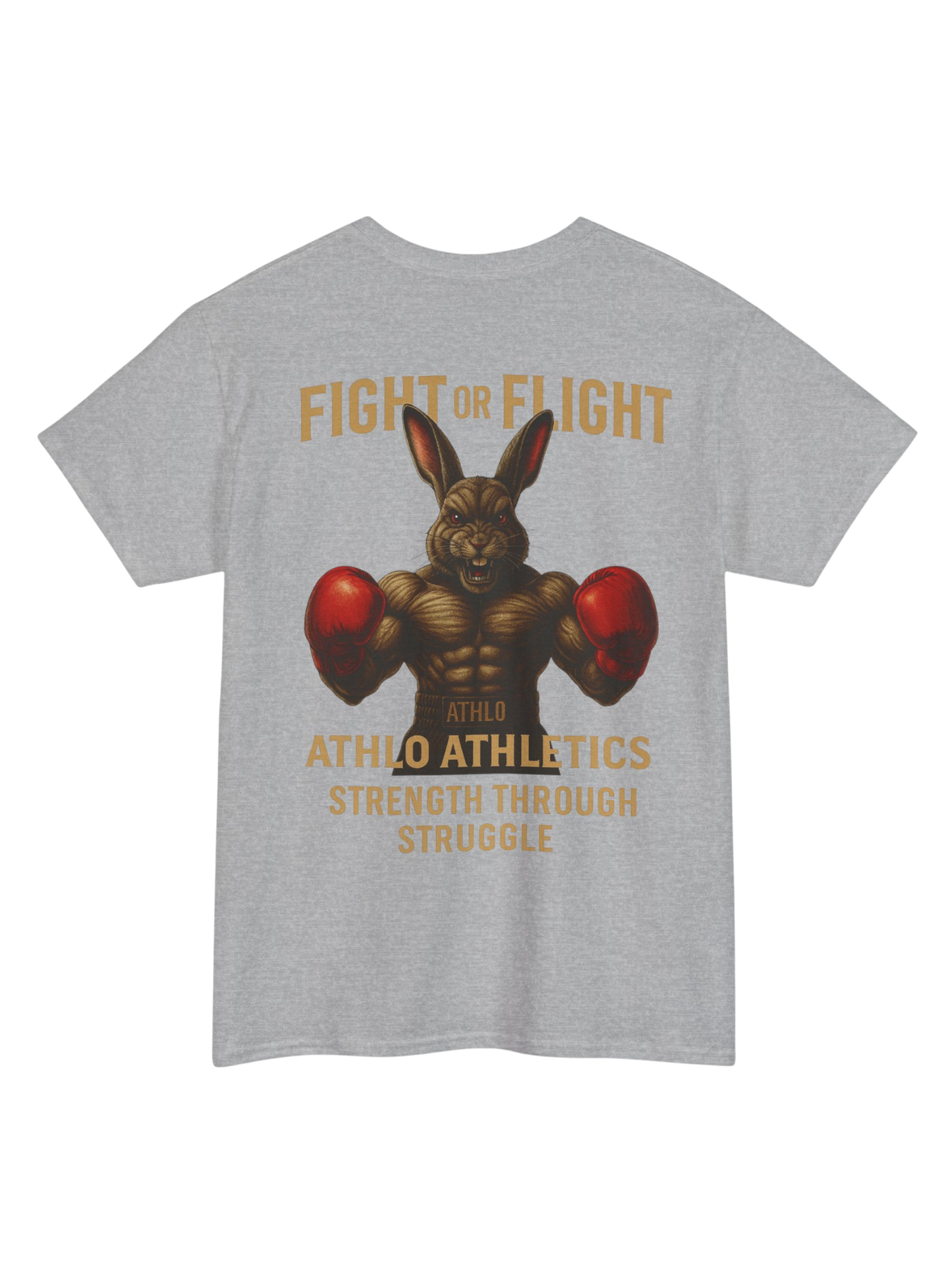 Athlo Athletics Fight or Flight T-shirt back view in gray featuring muscular boxing rabbit design and Strength Through Struggle slogan.