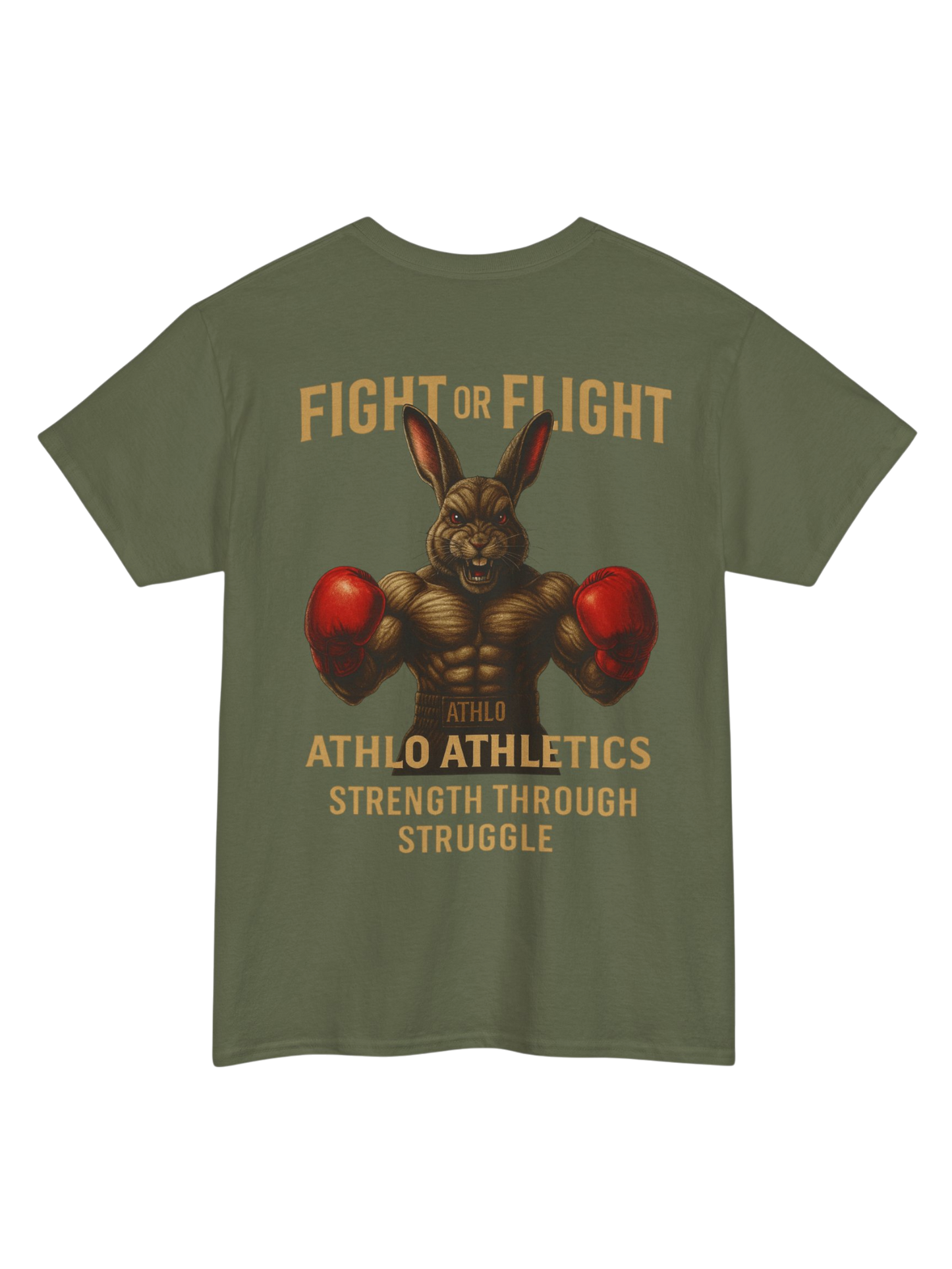 Athlo Athletics Fight or Flight T-shirt back view in military green with fierce boxing rabbit artwork symbolizing strength and resilience.