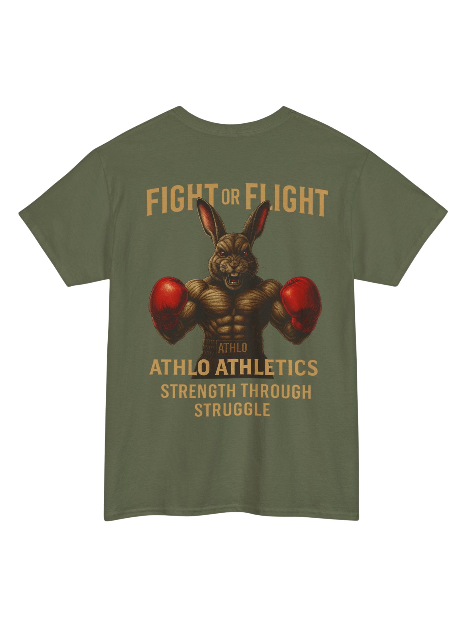 Athlo Athletics Fight or Flight T-shirt back view in military green with fierce boxing rabbit artwork symbolizing strength and resilience.