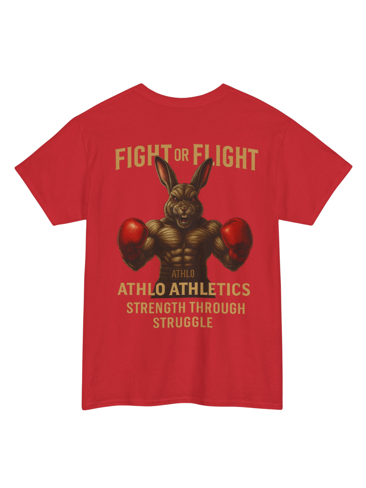 Athlo Athletics Fight or Flight T-shirt back view in red showing aggressive boxing rabbit design and Strength Through Struggle text.