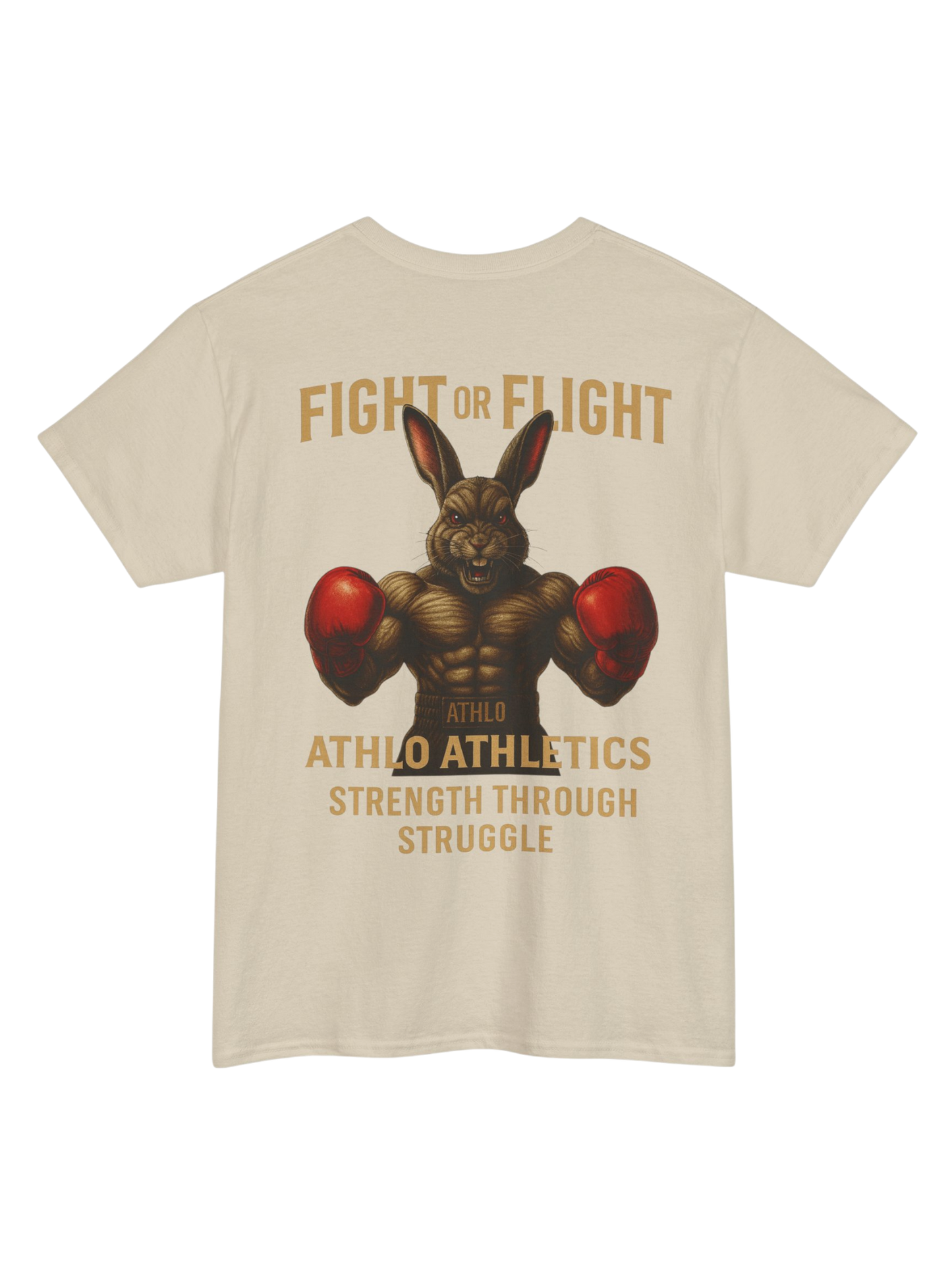 Athlo Athletics Fight or Flight T-shirt back view in sand color with bold boxing rabbit graphic representing warrior mindset.