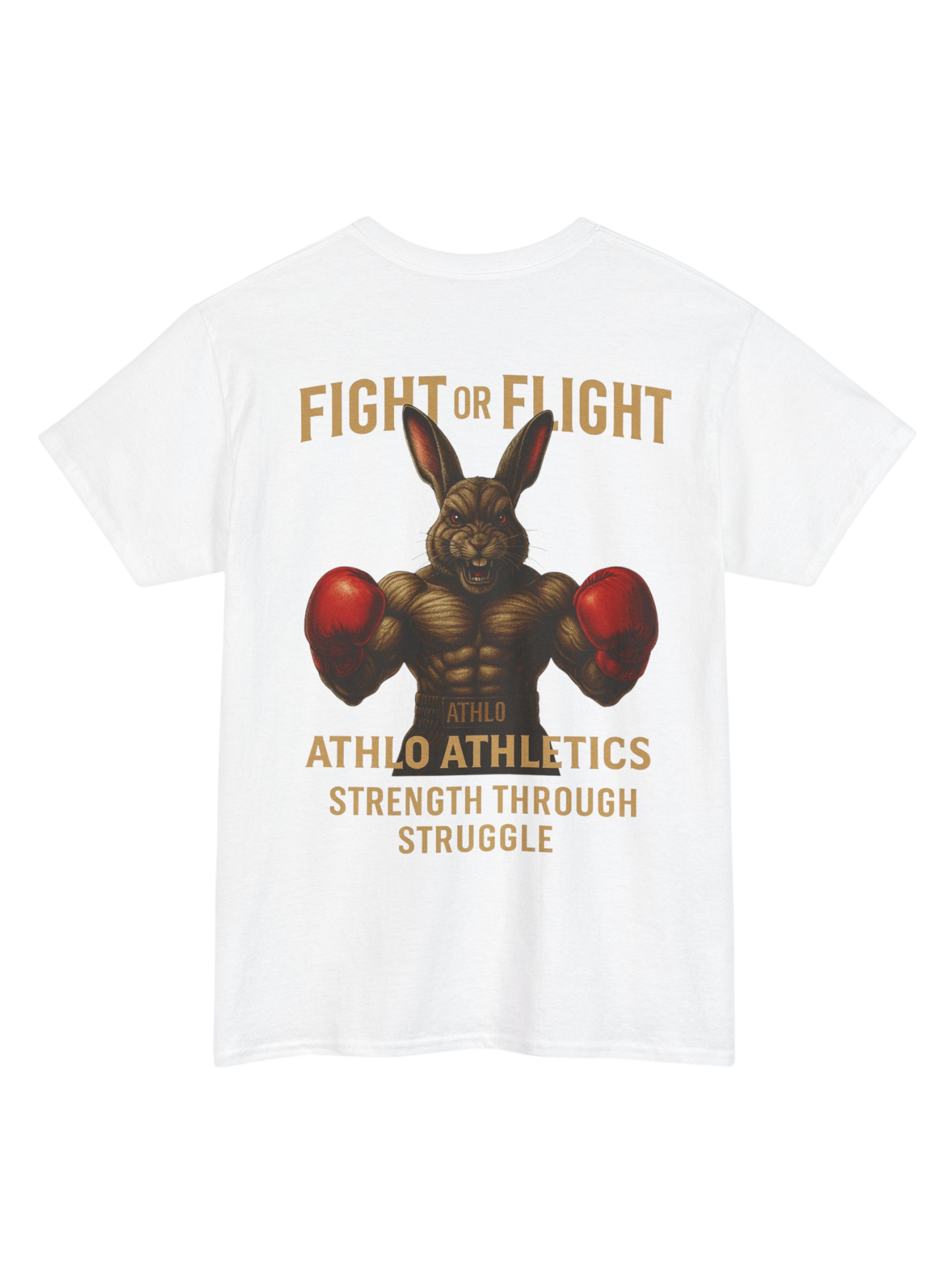 Athlo Athletics Fight or Flight T-shirt back view in white with strong boxing rabbit design and Athlo Athletics branding.