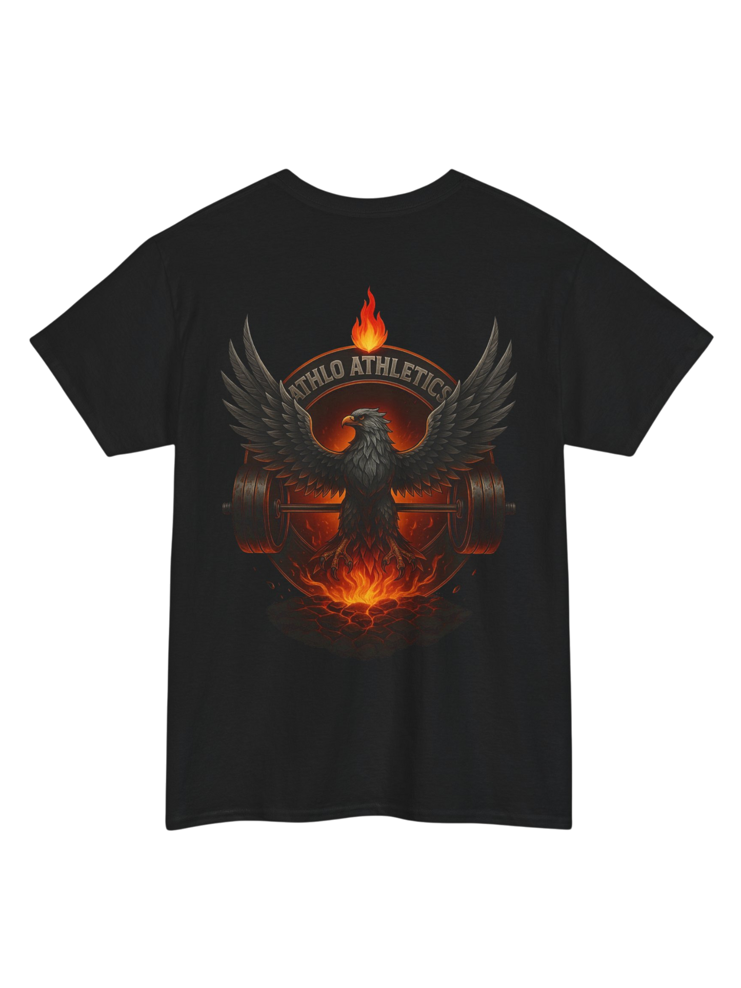 Athlo Athletics Forged in Flame T-shirt back view in black showing fiery phoenix and barbell artwork, representing strength through struggle.