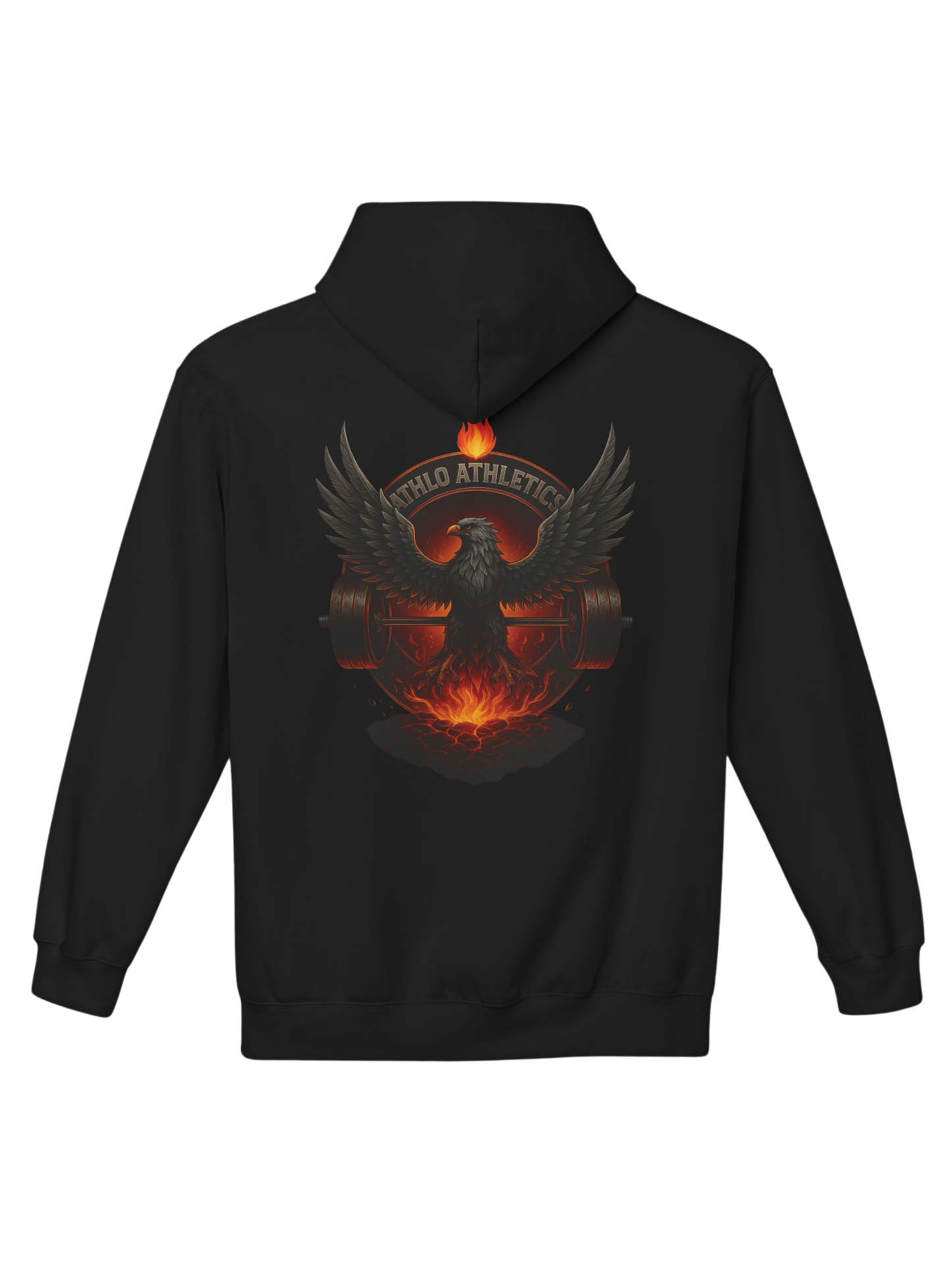 Athlo Athletics Forged in Flame hoodie back view in black with blazing phoenix lifting barbell through flames symbolizing power and transformation.