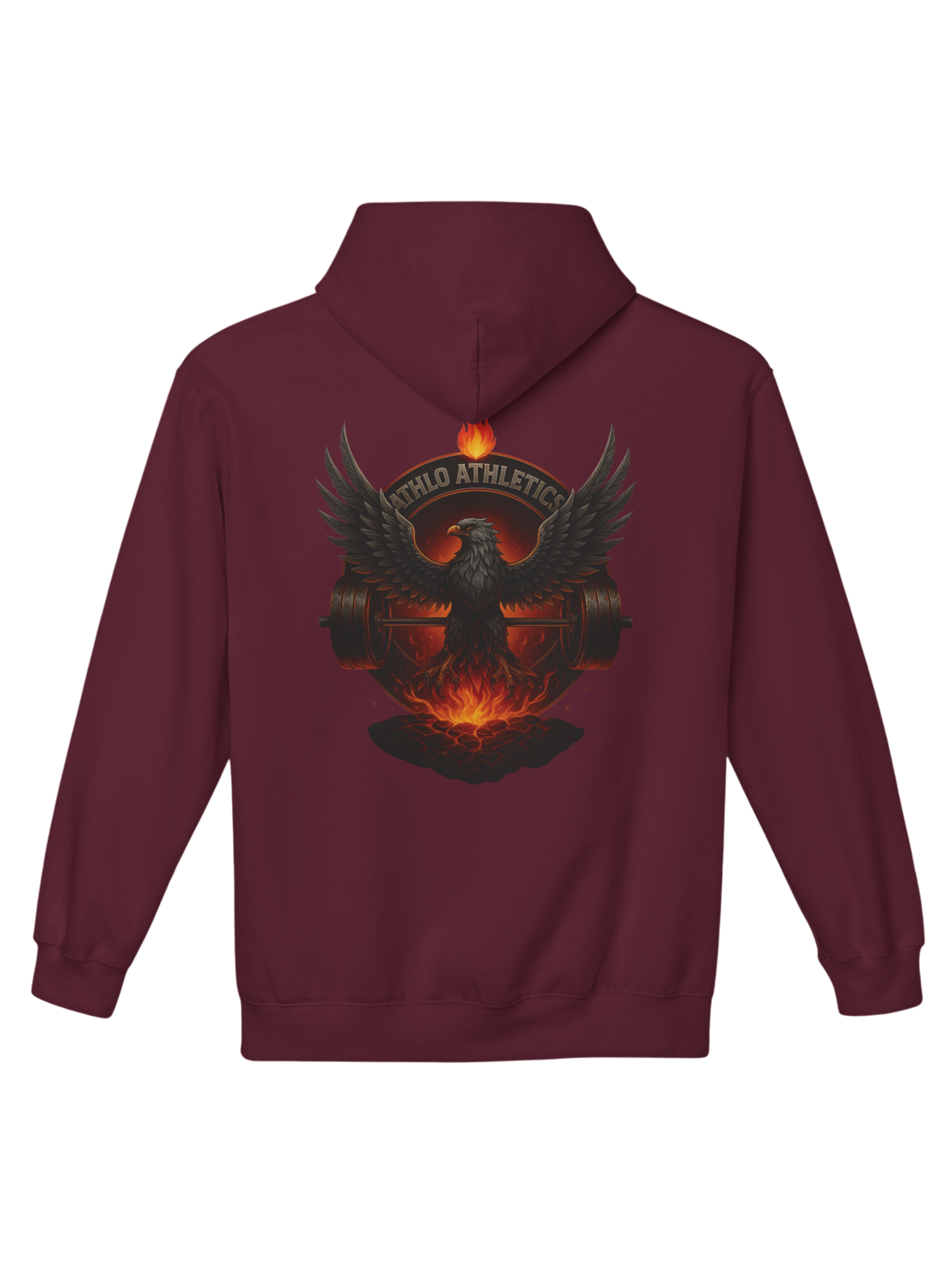 Athlo Athletics Forged in Flame hoodie back view in maroon with powerful phoenix and flame artwork representing rebirth and resilience.