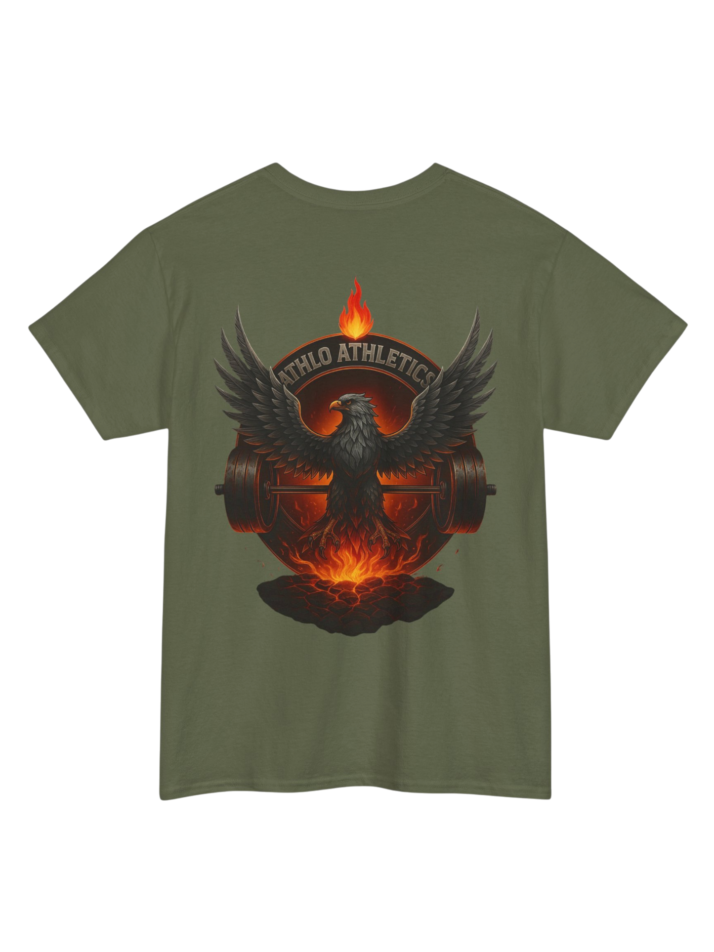 Athlo Athletics Forged in Flame T-shirt back view in military green showing fiery phoenix with barbell and Athlo Athletics crest, gym wear design.