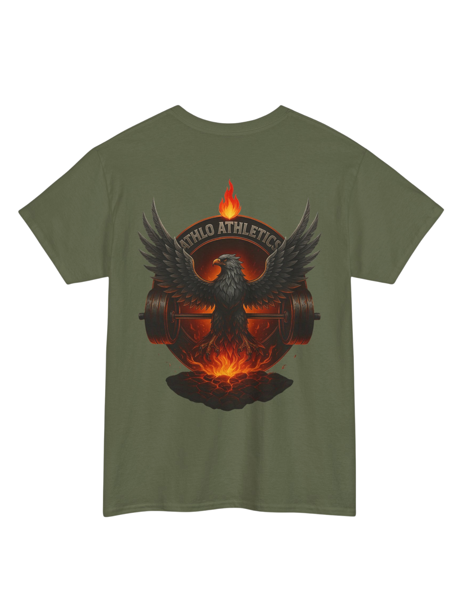 Athlo Athletics Forged in Flame T-shirt back view in military green showing fiery phoenix with barbell and Athlo Athletics crest, gym wear design.