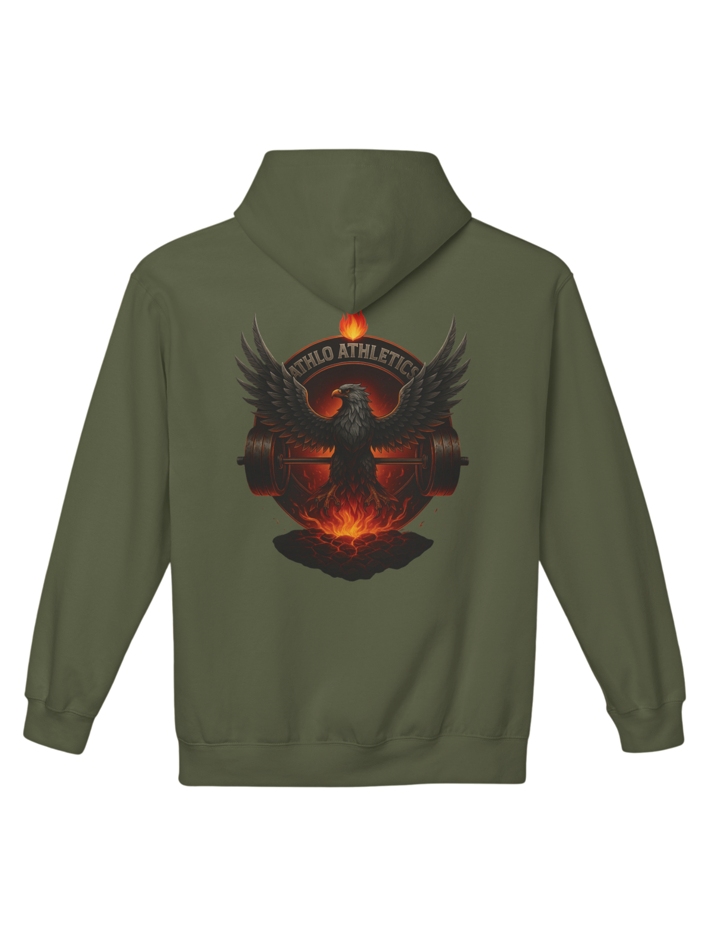 Athlo Athletics Forged in Flame hoodie back view in military green showing phoenix bursting from molten lava with barbell wings design symbolizing forged strength.