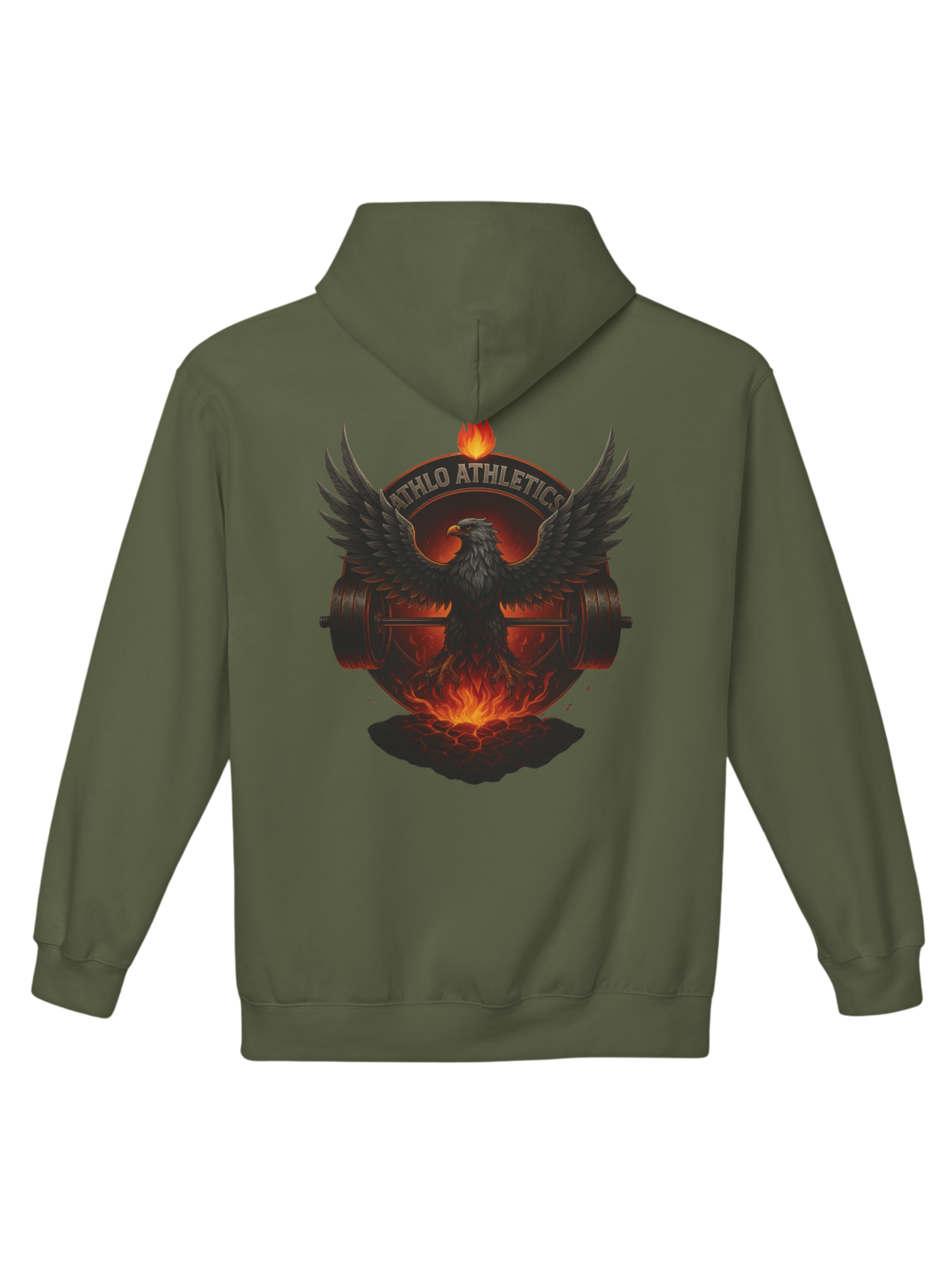 Athlo Athletics Forged in Flame hoodie back view in military green showing phoenix bursting from molten lava with barbell wings design symbolizing forged strength.