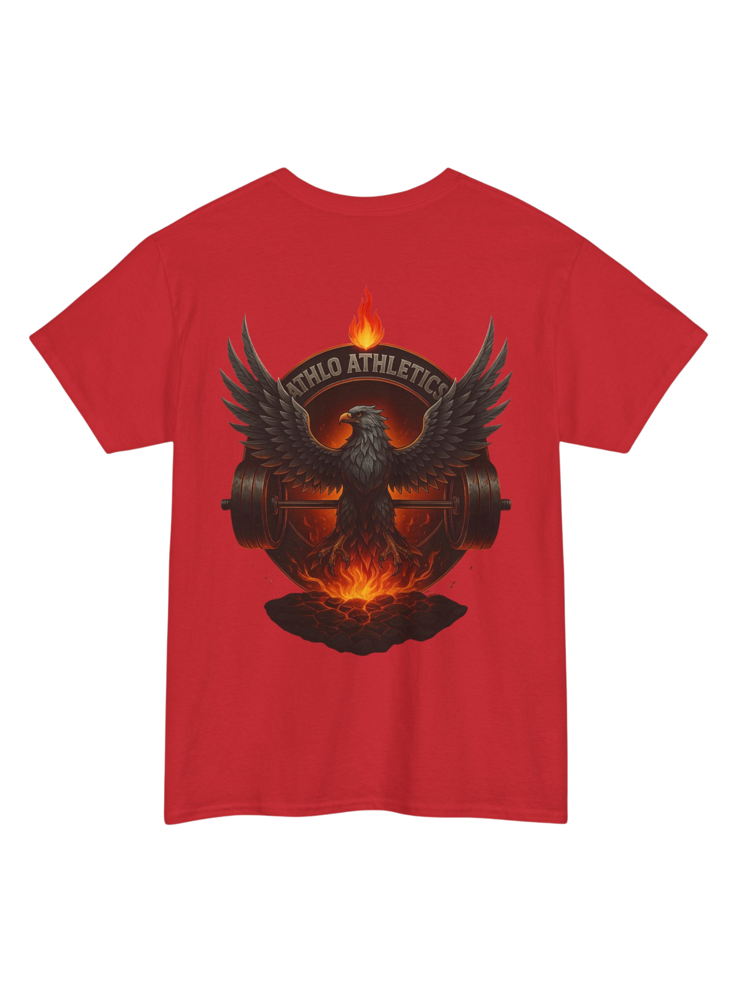 Athlo Athletics Forged in Flame T-shirt back view in red with powerful phoenix emerging from flames and barbell, strength-inspired design.