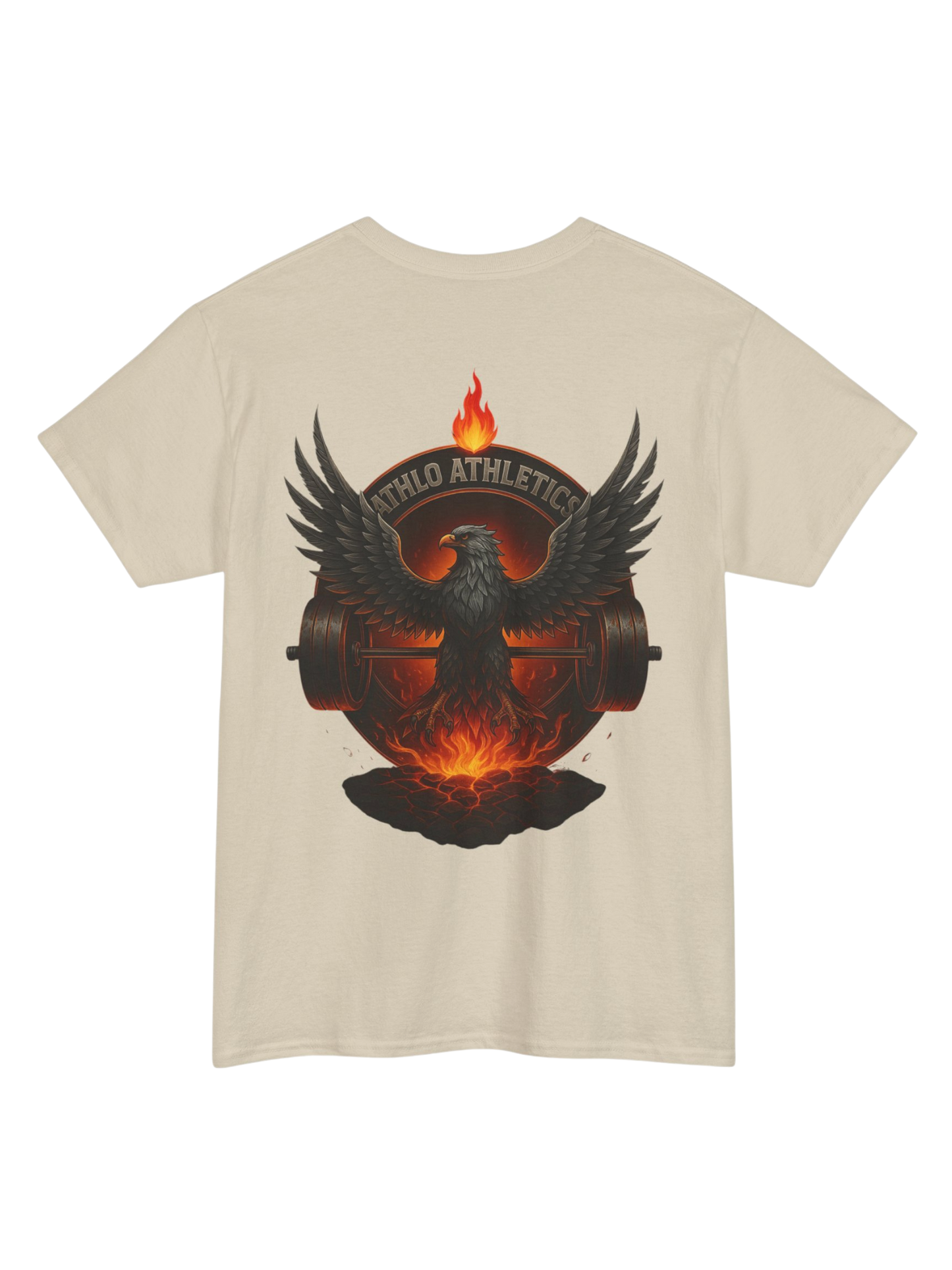 Athlo Athletics Forged in Flame T-shirt back view in sand color with detailed phoenix and barbell rising from molten fire, symbol of endurance.