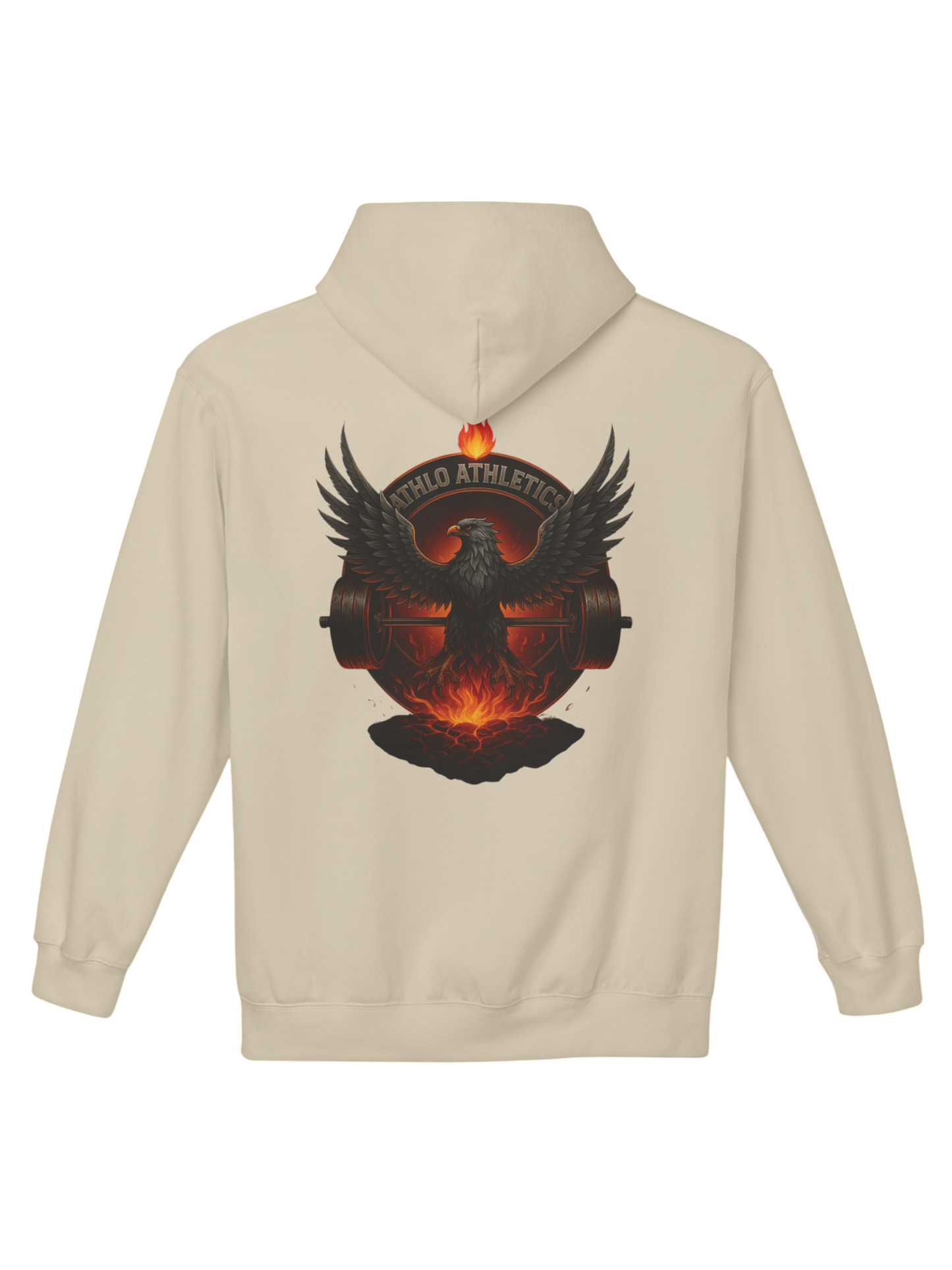 Athlo Athletics Forged in Flame hoodie front view in military green with subtle Athlo Athletics chest logo.